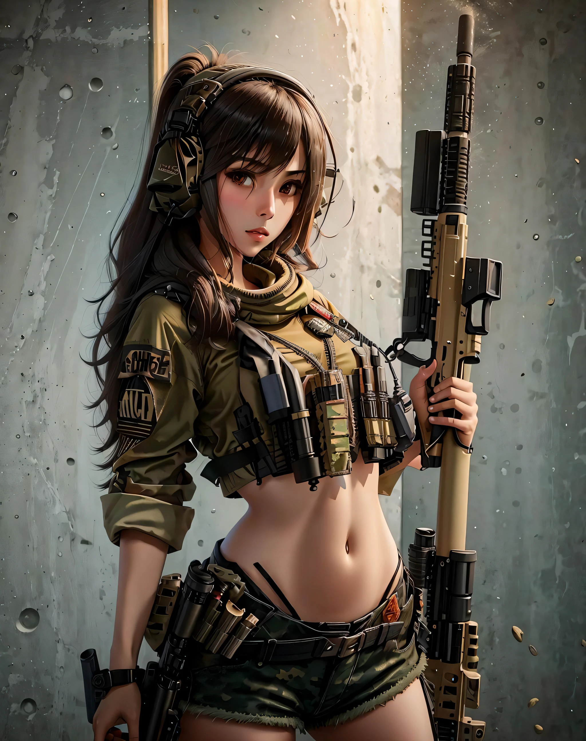 1girl, solo, long hair, brown hair, black hair, navel, holding, weapon, shorts, midriff, holding weapon, gun, military, headphones, holding gun, rifle, handgun, headset, realistic, assault rifle, camouflage, m4 carbine, load bearing vest,wearing epTactical