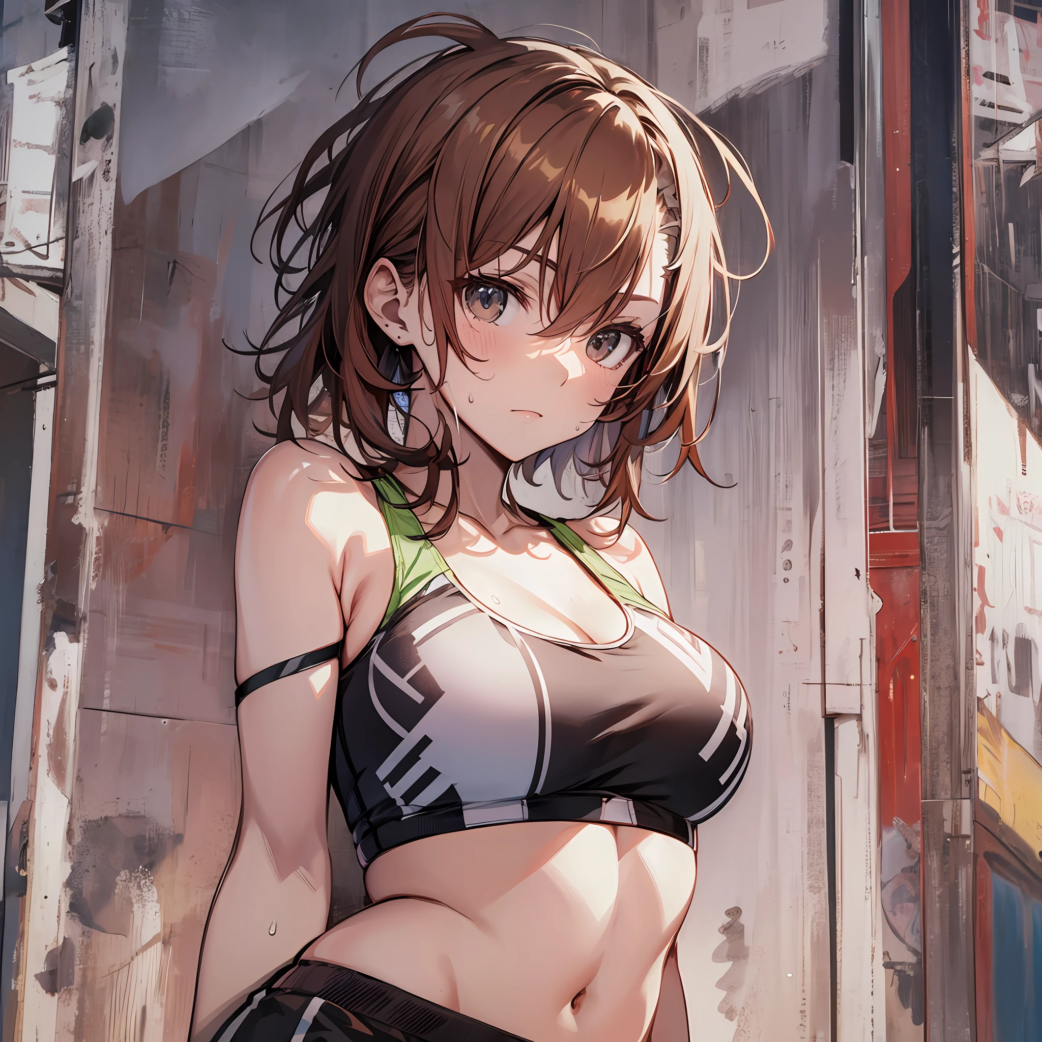 Masterpiece, 4K, Top Quality, Misaka Mikoto, Ribbon, Sports Bra, Latex Shorts, Standing, Arms Crossed Cool Expression Sweat