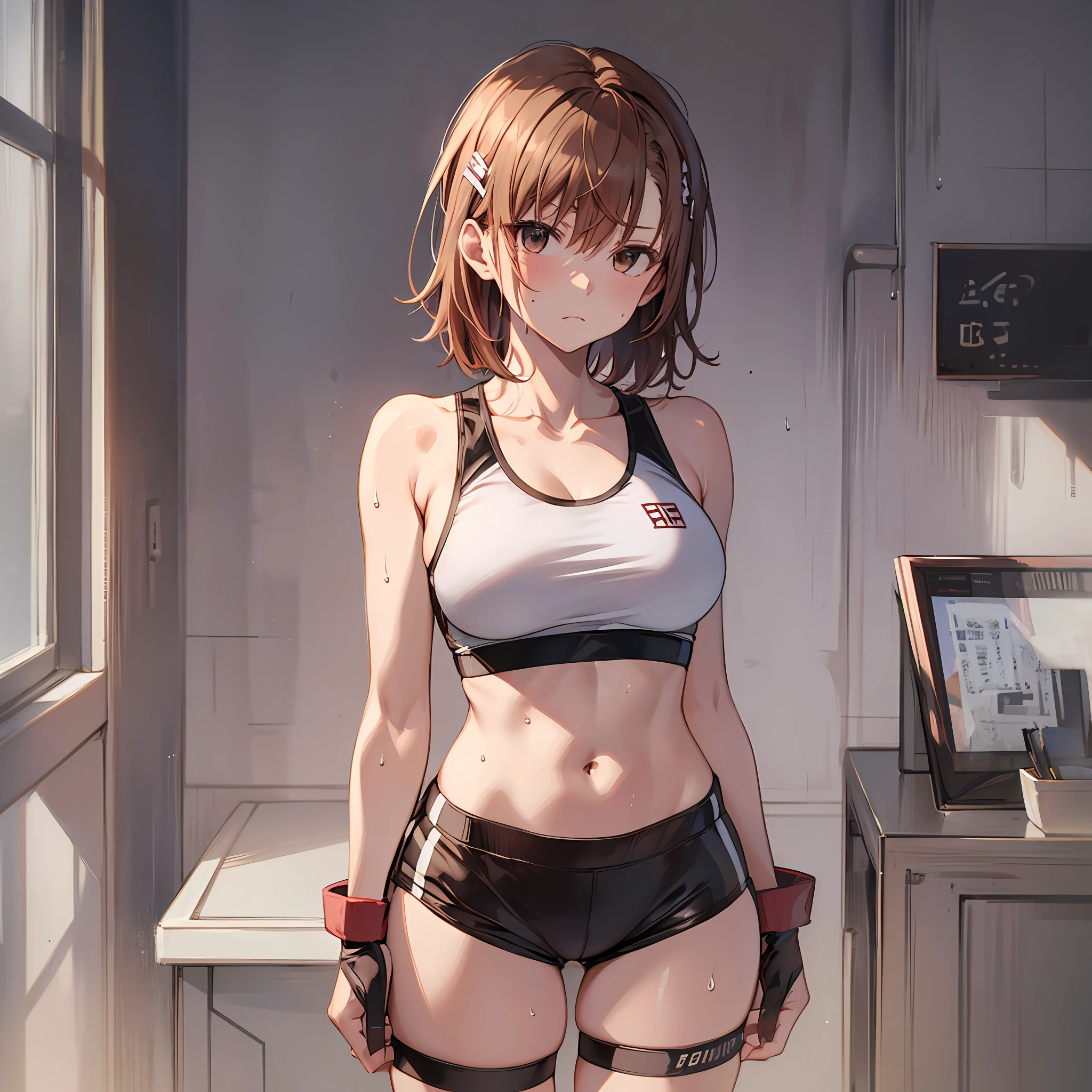 Masterpiece, 4K, Top Quality, Misaka Mikoto, Ribbon, Sports Bra, Latex Shorts, Standing, Arms Crossed Cool Expression Sweat