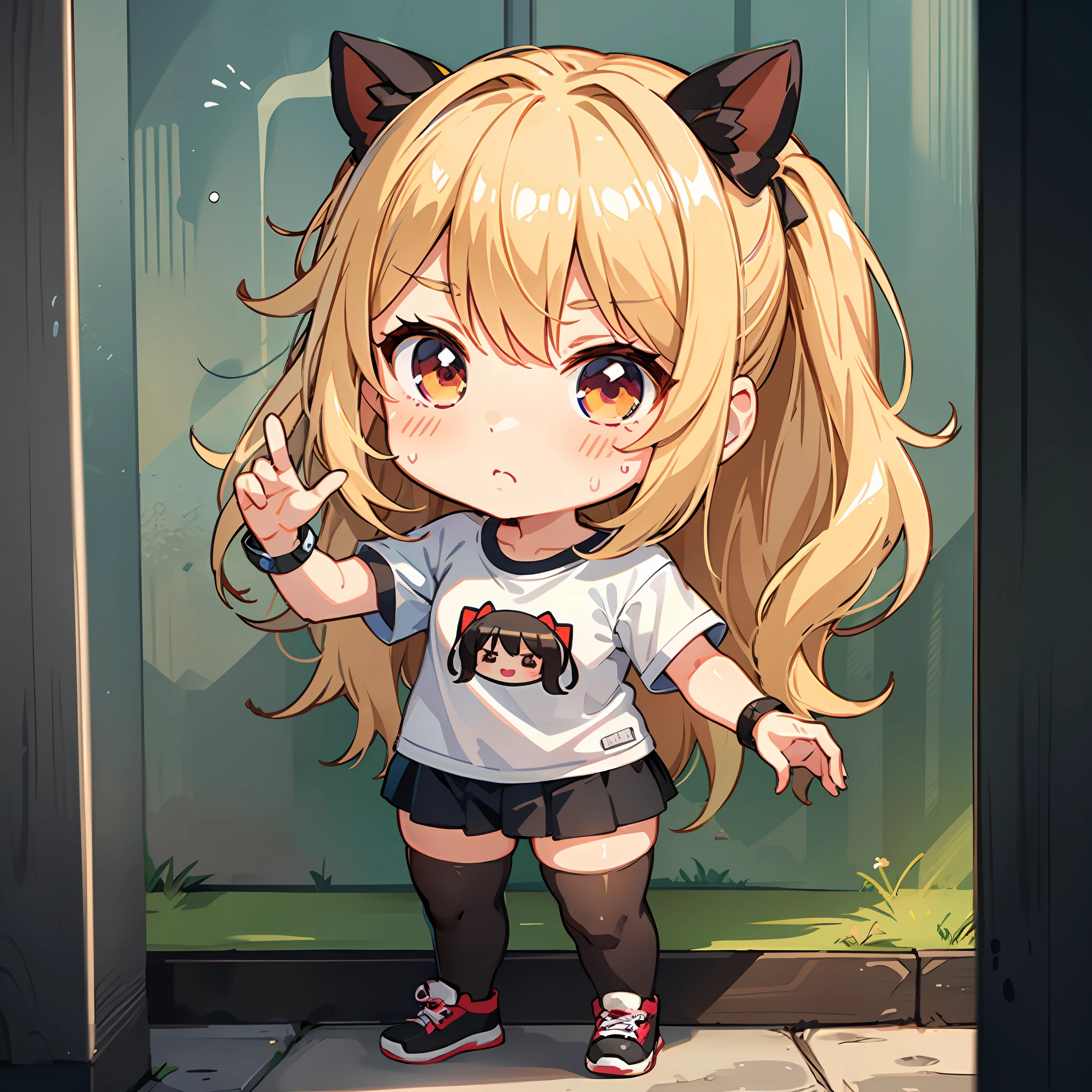 ((Chibi character)), sticker, intense heat, sunny day, sweaty, hot, girl, lolita, lady pose, full body, deformed, chibi character, t-shirt design