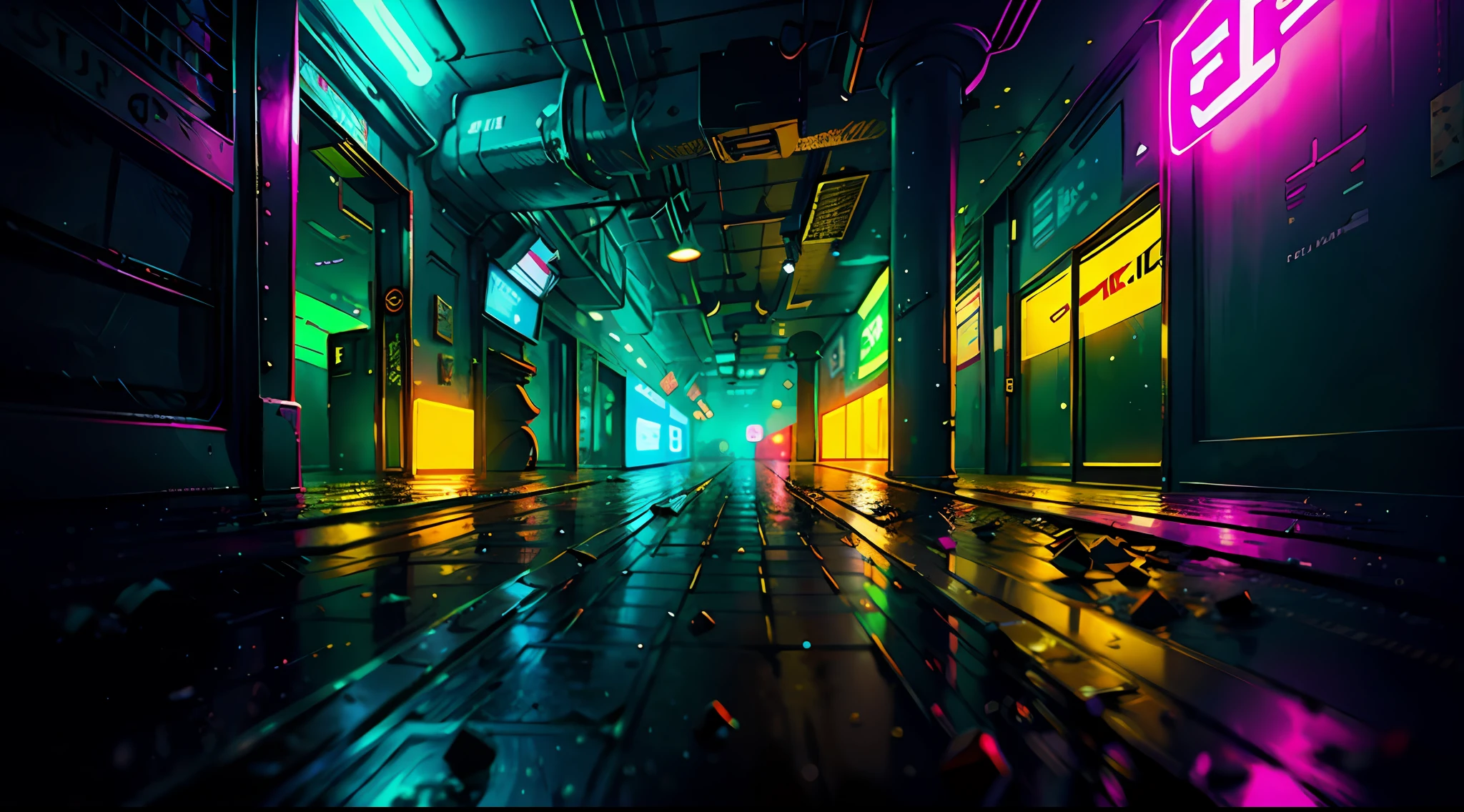 no people, nightclub setting,( no character), cyberpunk samurai, led lights , neon on the walls, ghost blade style, cyberpunk style, cyberpunk neon style, , synthwave image, cyberpunk, concept art neon glow, reflection,, {{(masterpiece),(extremely detailed CG unit 8k wallpaper),), best quality, cinematic lighting, detailed background, ultra-detailed, masterpiece, }}, (anamorphic rays, nightclub, ballad, party), brightness, depth of field, solo, (masterpiece: 1.4), (highest quality: 1.4), bottom-up view, perspective, reflection on the ground,