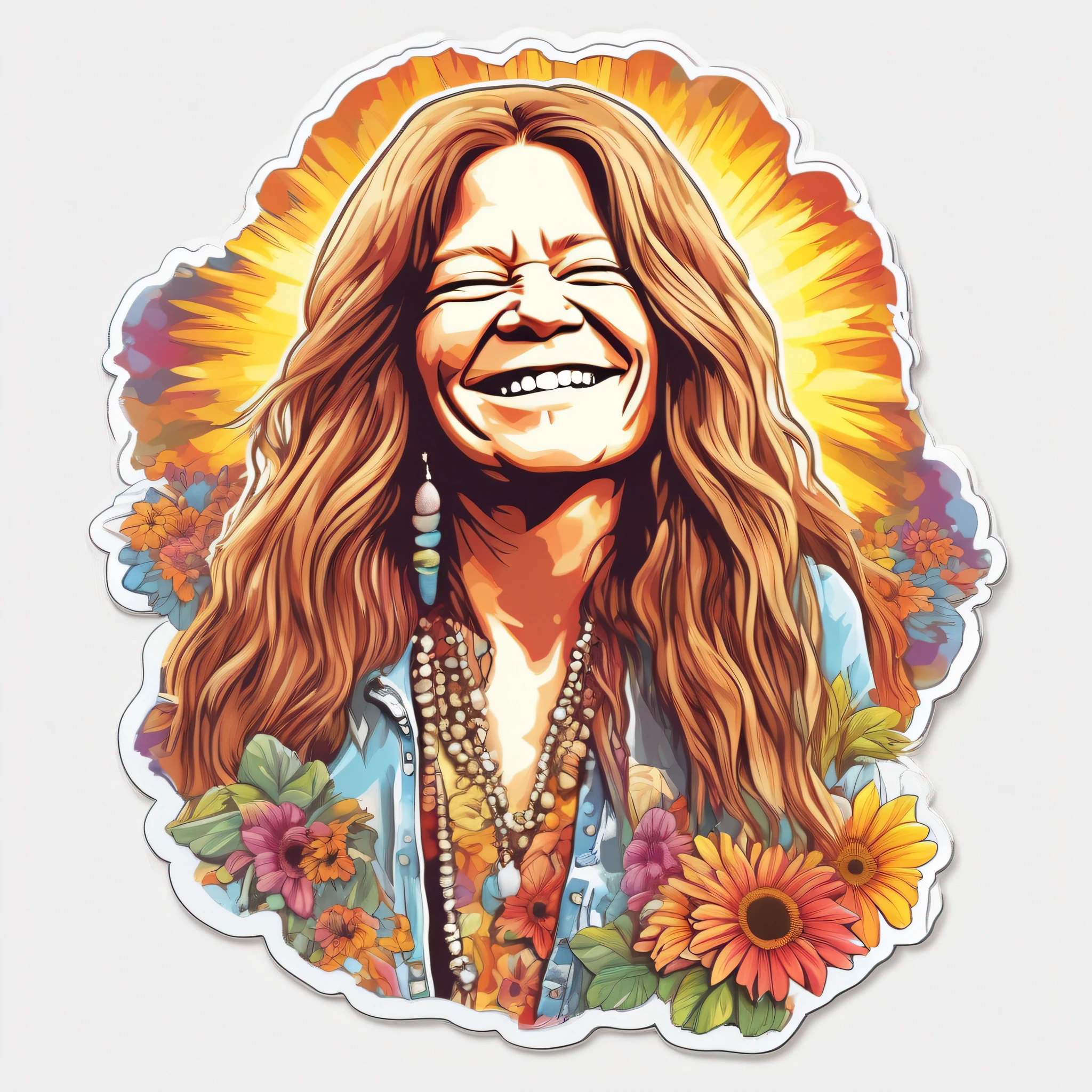 a sticker, artwork of t shirt graphic of janis joplin digital painting style , beautiful flowers, sun and clouds , white background, highly detailed clean, vector image, photorealistic masterpiece, professional photography, realistic, flat white background, isometric, vibrant vector, clipart, illustration, realism, 4k, cinematic, front view,