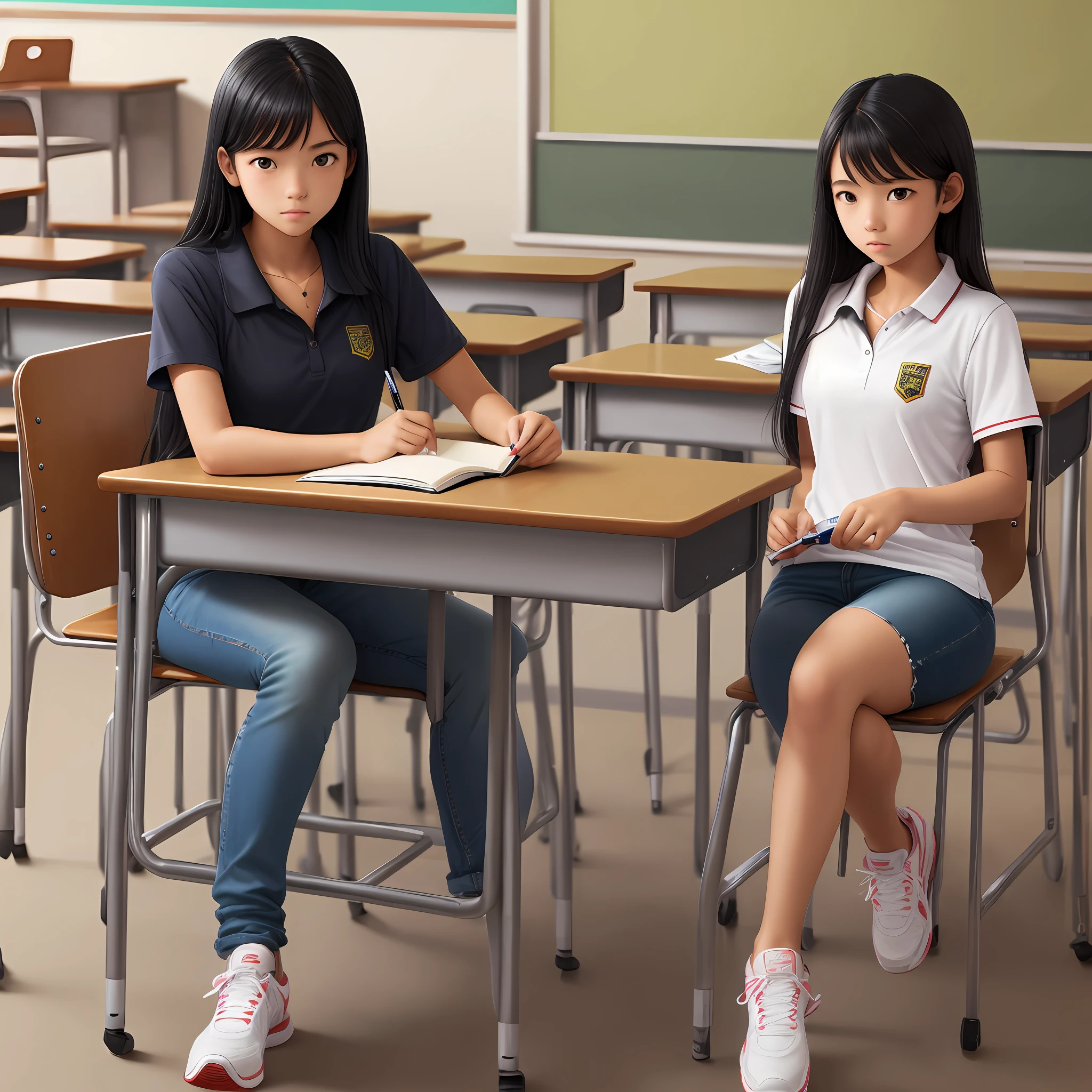 Girl 16 years old black hair jeans tennis shoes white school shirt in classroom studying