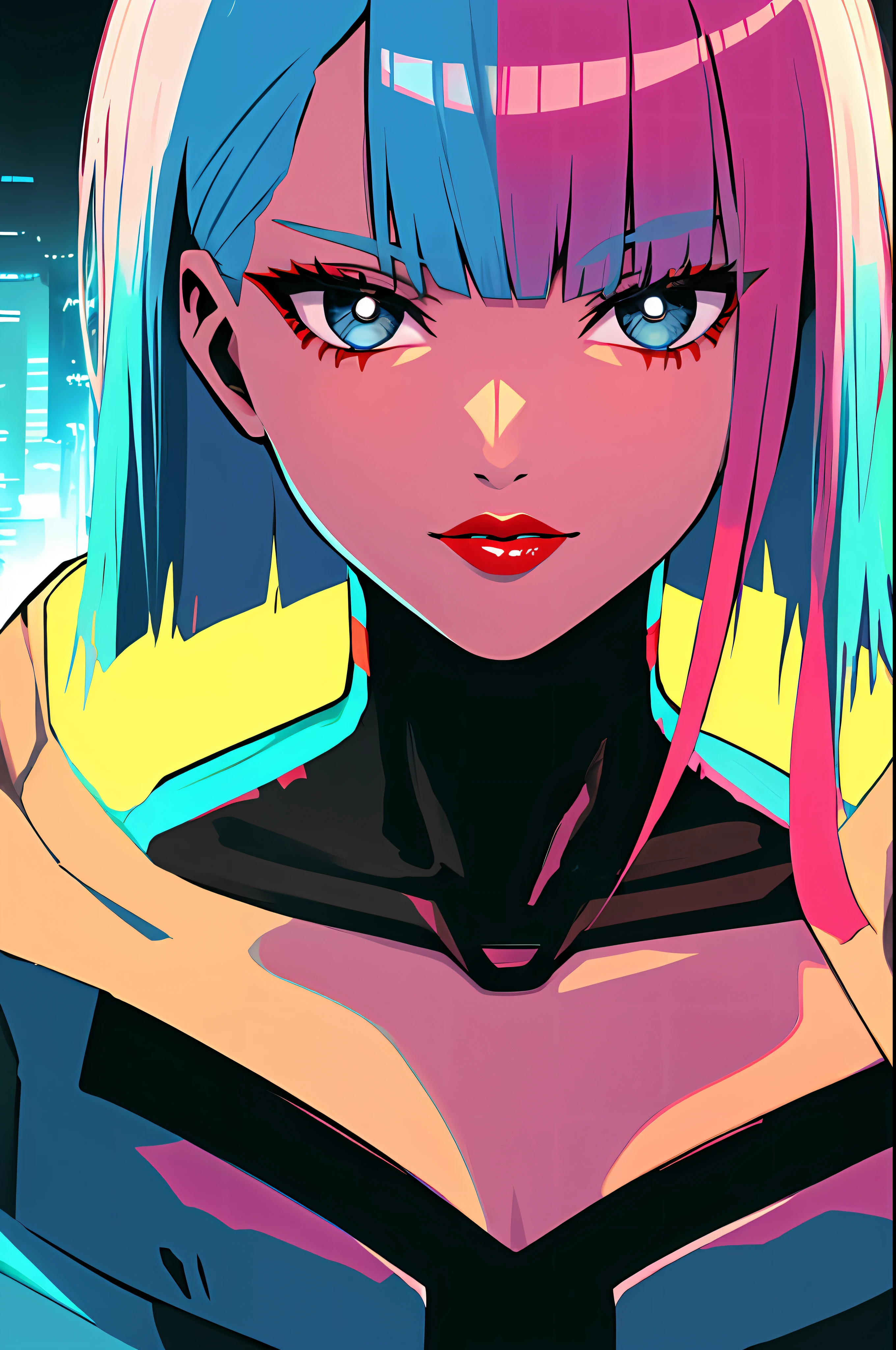 Lucy \(cyberpunk\), 1girl, red hair, long cut, reddish hair, blue and black tips, new moon, blue eyes, no clothes, chest out of jacket, looking at the viewer, medium hair, multicolored hair, fringe separated, lips part, pink hair, portrait, red eyeliner, red lips, solo, no jacket, cyberpunk \(series\), quiet night in a cyberpunk city with bright neon lights