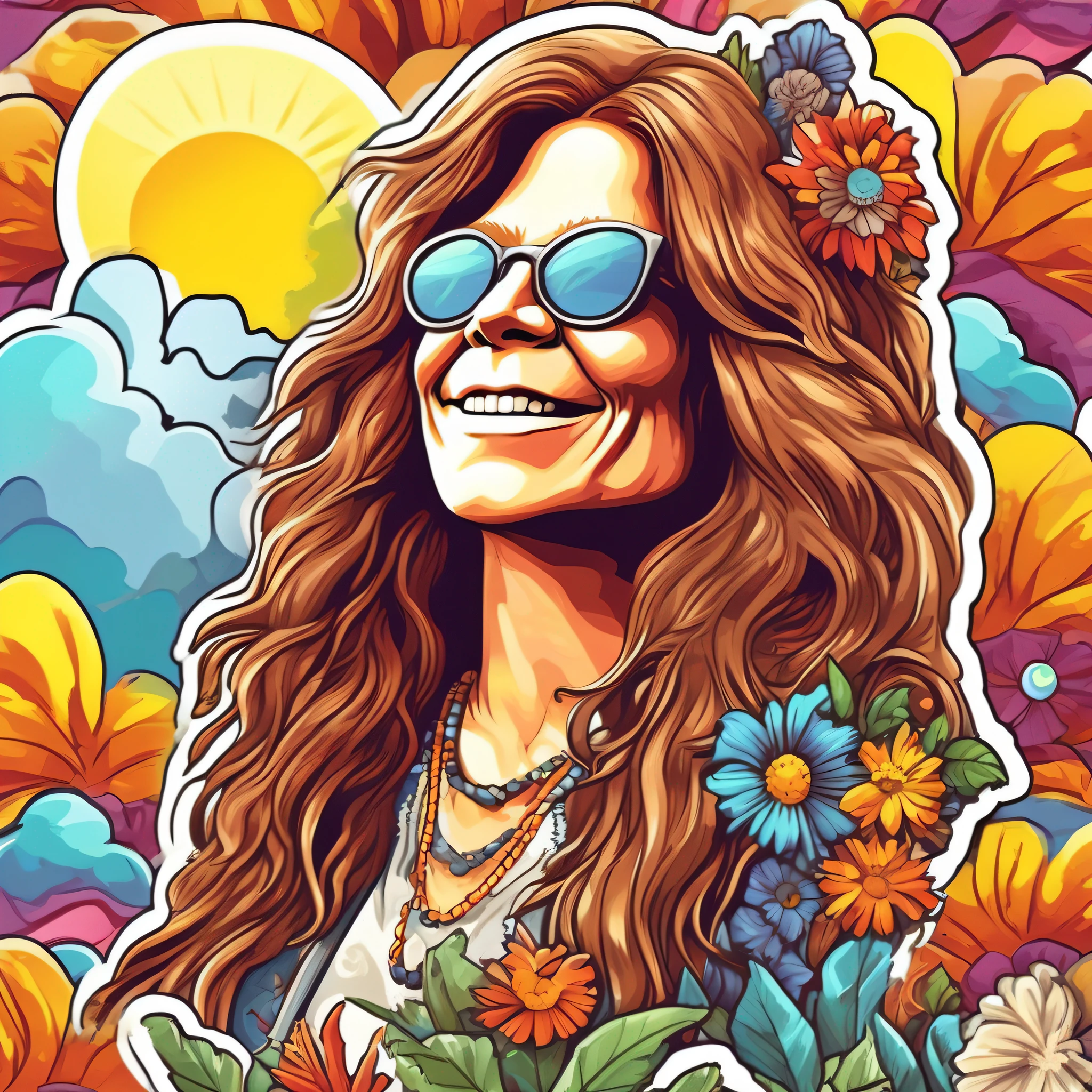 a sticker, artwork of t shirt graphic of janis joplin digital painting style , beautiful flowers, sun and clouds , white background, highly detailed clean, vector image, photorealistic masterpiece, professional photography, realistic, flat white background, isometric, vibrant vector, clipart, illustration, realism, 4k, cinematic, front view,
