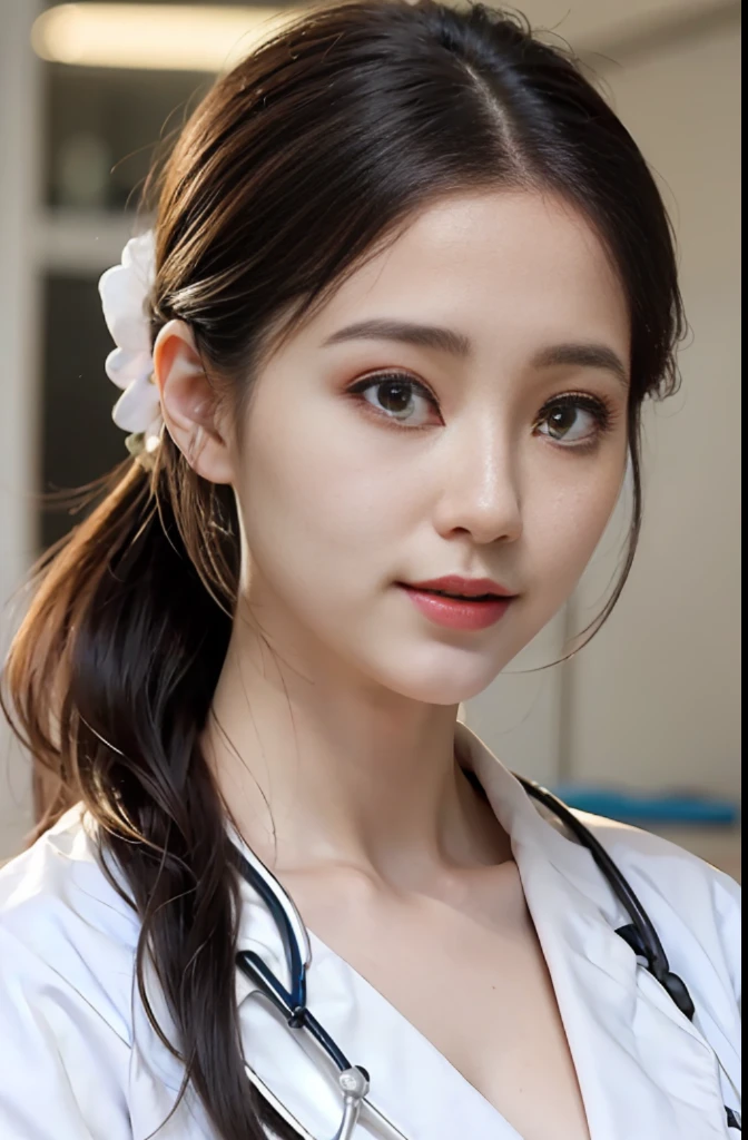 ((female doctor, resident)), (cowboy shot:1.25), hair behind ear, happy tears, streaming tears, (ight smile, shy:1.15), Surrealism, Realism, depth of field, cinematic lighting, backlighting, symmetry, bokeh, f/1.8, Eye-Level Shot, 85mm, Hasselblad, UHD, masterpiece, high quality, high details, best quality, highres, HD, 16k, 8k, 4K, award winning, unity, an extremely delicate and beautiful, extremely detailed, Amazing, finely detail, masterpiece, best quality, official art, absurdres, incredibly absurdres, huge filesize, ultra-detailed, highres, extremely detailed, beautiful detailed girl, extremely detailed eyes and face, beautiful detailed eyes, light on face, 18 years old, (white doctor coat:1.5), (surgical gown:1.3), (black wavy top-pony-tail hair style:1.2), (slender:1.15), (huge-breasted:1.25), (narrow waist:1.15), (clinic monitor room background:1.25), detailed background,
