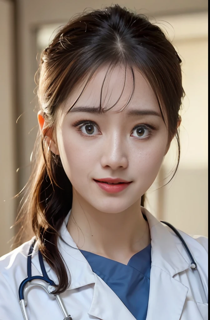 ((female doctor, resident)), (cowboy shot:1.25), hair behind ear, happy tears, streaming tears, (ight smile, shy:1.15), Surrealism, Realism, depth of field, cinematic lighting, backlighting, symmetry, bokeh, f/1.8, Eye-Level Shot, 85mm, Hasselblad, UHD, masterpiece, high quality, high details, best quality, highres, HD, 16k, 8k, 4K, award winning, unity, an extremely delicate and beautiful, extremely detailed, Amazing, finely detail, masterpiece, best quality, official art, absurdres, incredibly absurdres, huge filesize, ultra-detailed, highres, extremely detailed, beautiful detailed girl, extremely detailed eyes and face, beautiful detailed eyes, light on face, 18 years old, (white doctor coat:1.5), (surgical gown:1.3), (black wavy top-pony-tail hair style:1.2), (slender:1.15), (huge-breasted:1.25), (narrow waist:1.15), (clinic monitor room background:1.25), detailed background,