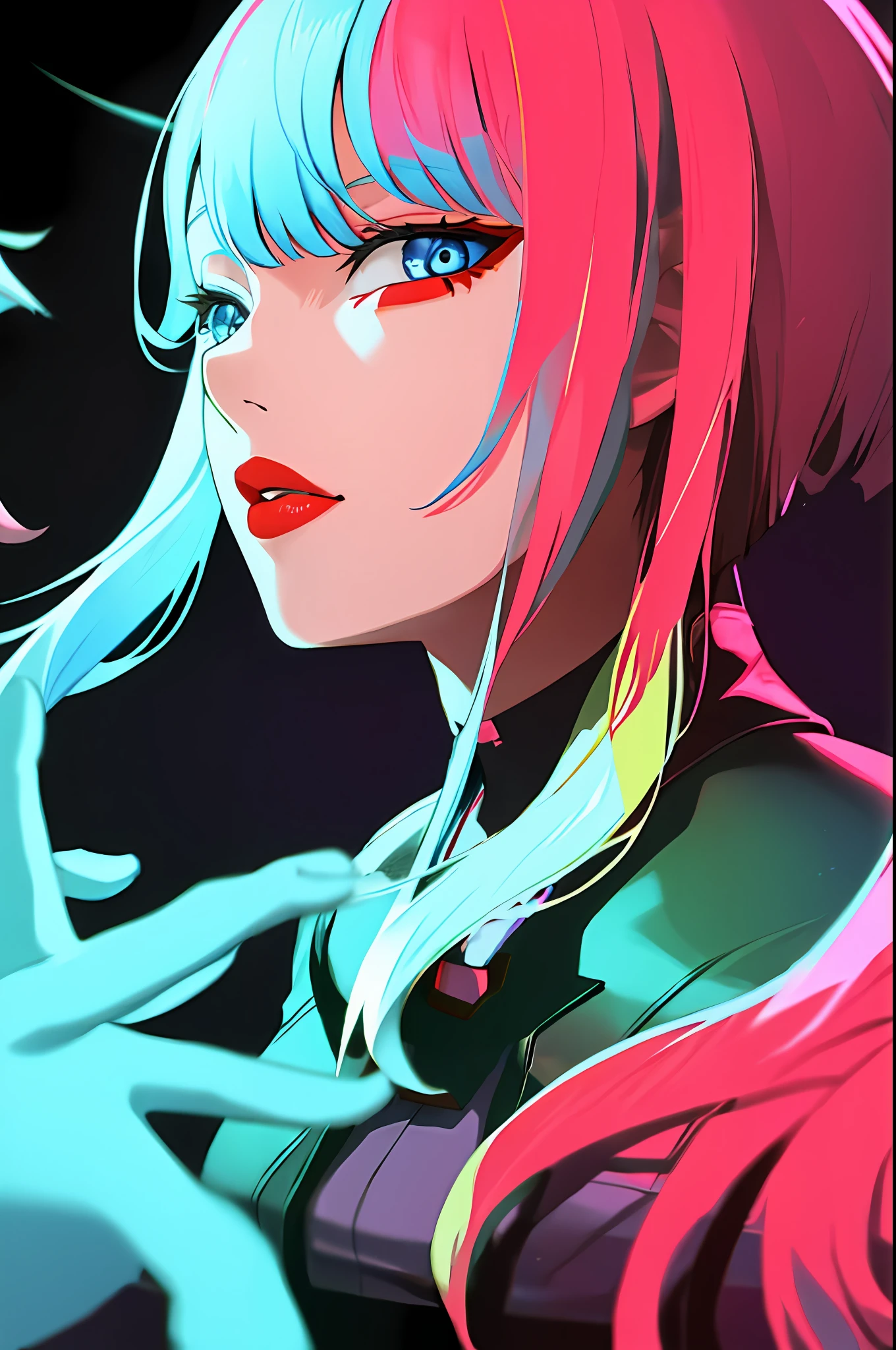 Lucy \(cyberpunk\), 1girl, red hair, long cut, reddish hair, blue and black tips, new moon, blue eyes, no clothes, chest out of jacket, looking at the viewer, medium hair, multicolored hair, fringe separated, lips part, pink hair, portrait, red eyeliner, red lips, solo, no jacket, cyberpunk \(series\), quiet night in a cyberpunk city with bright neon lights