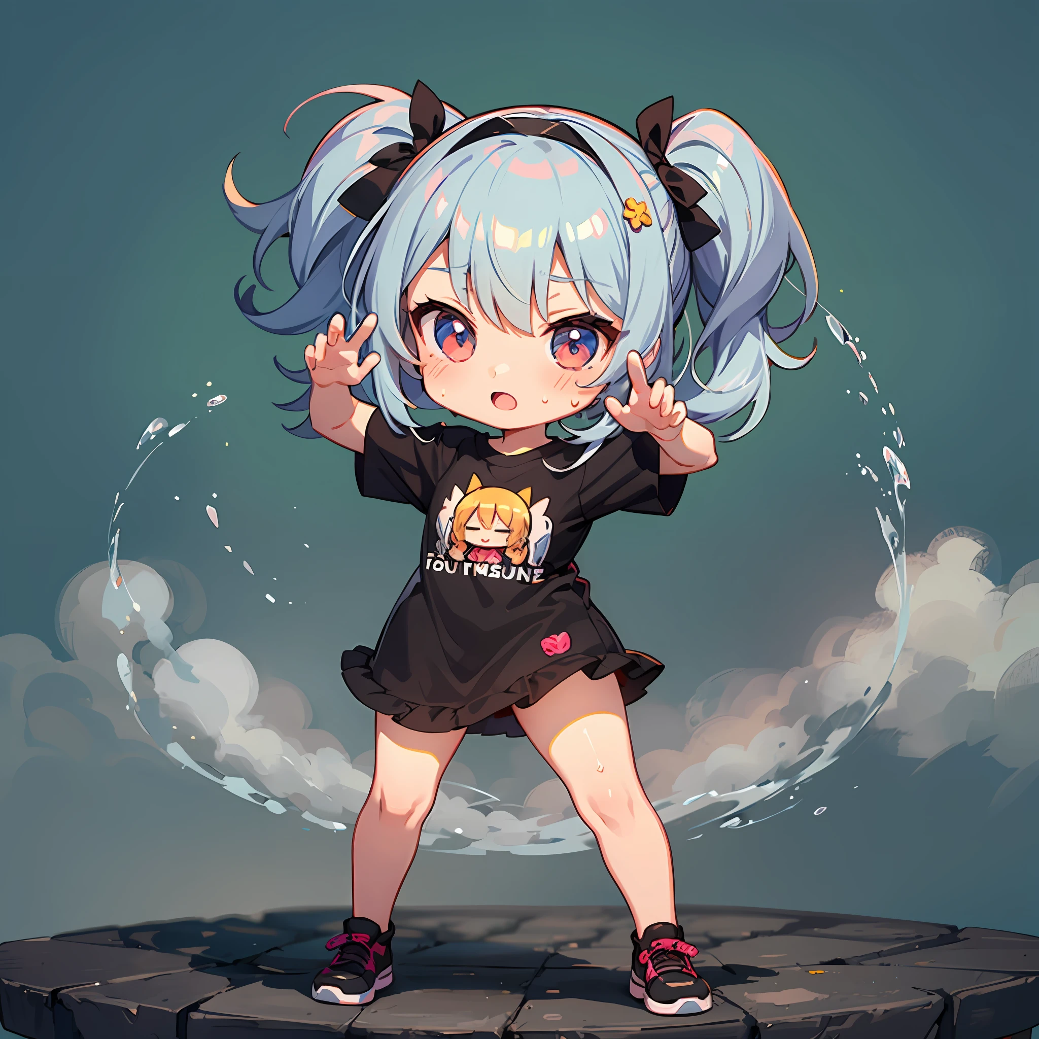 ((Chibi character)), sticker, intense heat, sunny day, sweaty, hot, girl, lolita, lady pose, full body, deformed, chibi character, t-shirt design