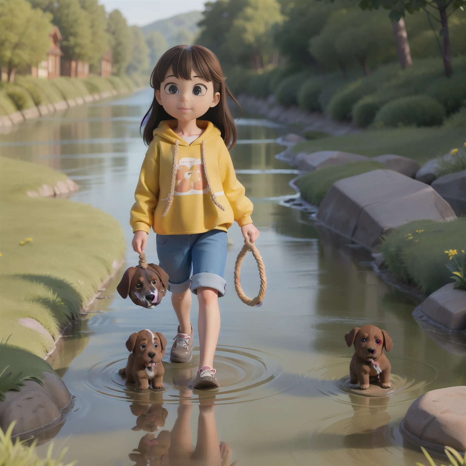 girl of ((4 years)) with yellow sweatshirt, hair ((((long))) dark brown, crossing one (((river))) with a rope and one ((((puppy)))