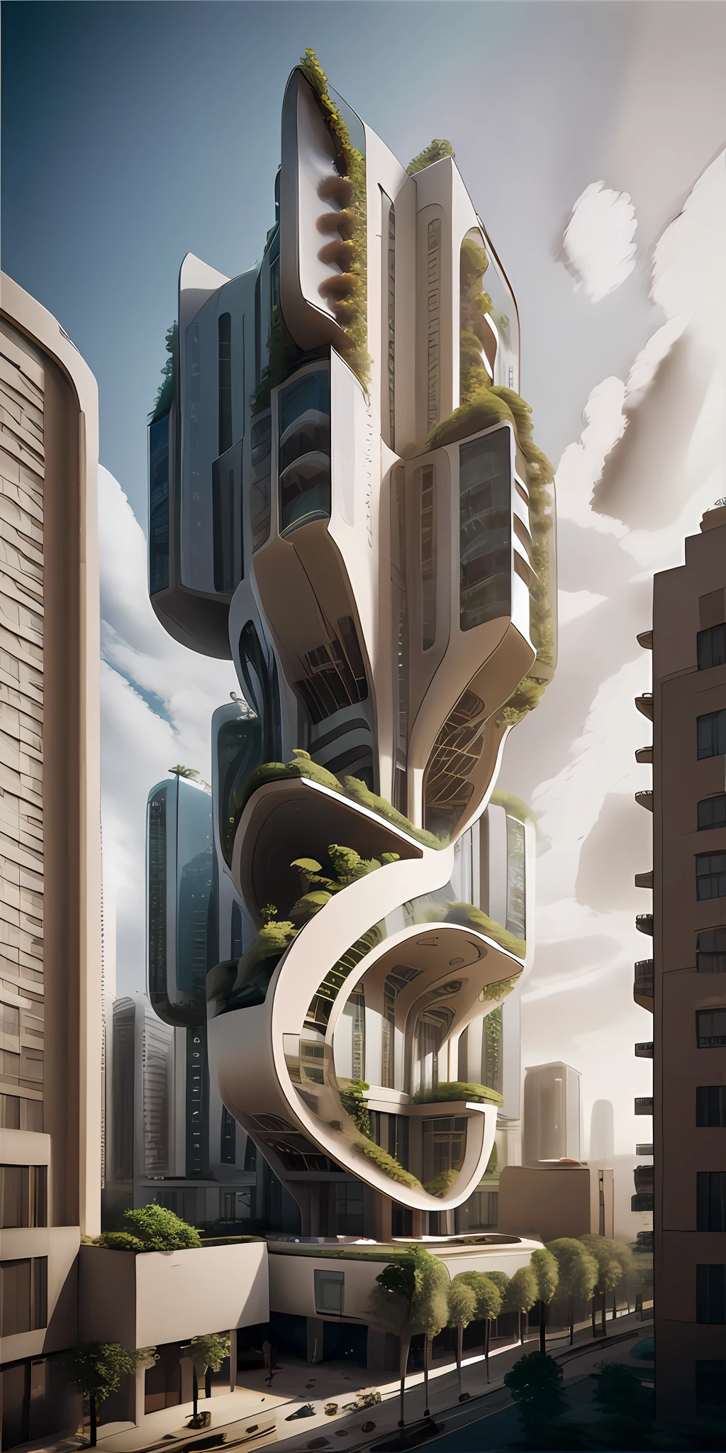 High-rise architecture in a futuristic city, futuristic building, modern architecture, sidewalks around the building, imagination, fusion of the future and the past, hanging gardens, hanging gardens of Babylon, sustainability, future technology, very high-rise architecture, architectural creativity, new culture, self-sufficiency, golden ratio, beautiful architecture in the middle of the image, blurry background, single building, spread, natural colors, calm colors, masterpiece, art, better accuracy