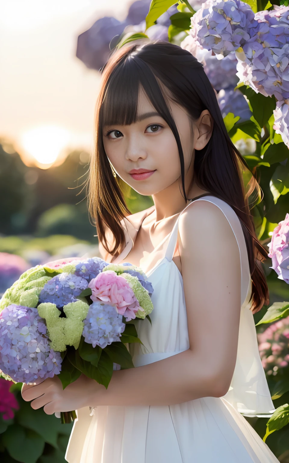 20 years old, twilight rays, wedding dress, corolla, (((Tokugawaen)), hydrangea front bokeh, bokeh, photorealistic, surrounded by hydrangeas, background dark, smiling, (one girl), (sunset: 1.3), (8k, raw photography, best quality, masterpiece: 1.2), (realistic, photorealism: 1.37), best quality, ultra high resolution, (focus plane: 1.8), ( Portrait: 1.7), (Intense:1.1), (Details:1.1), (Highest Quality), (Analog:1.2), (High Sharp), Canon EOS R Photography, (Summer Dress:1.4), (Standing in a Flower Garden:1.3), (Vivid and Colorful:1.3)