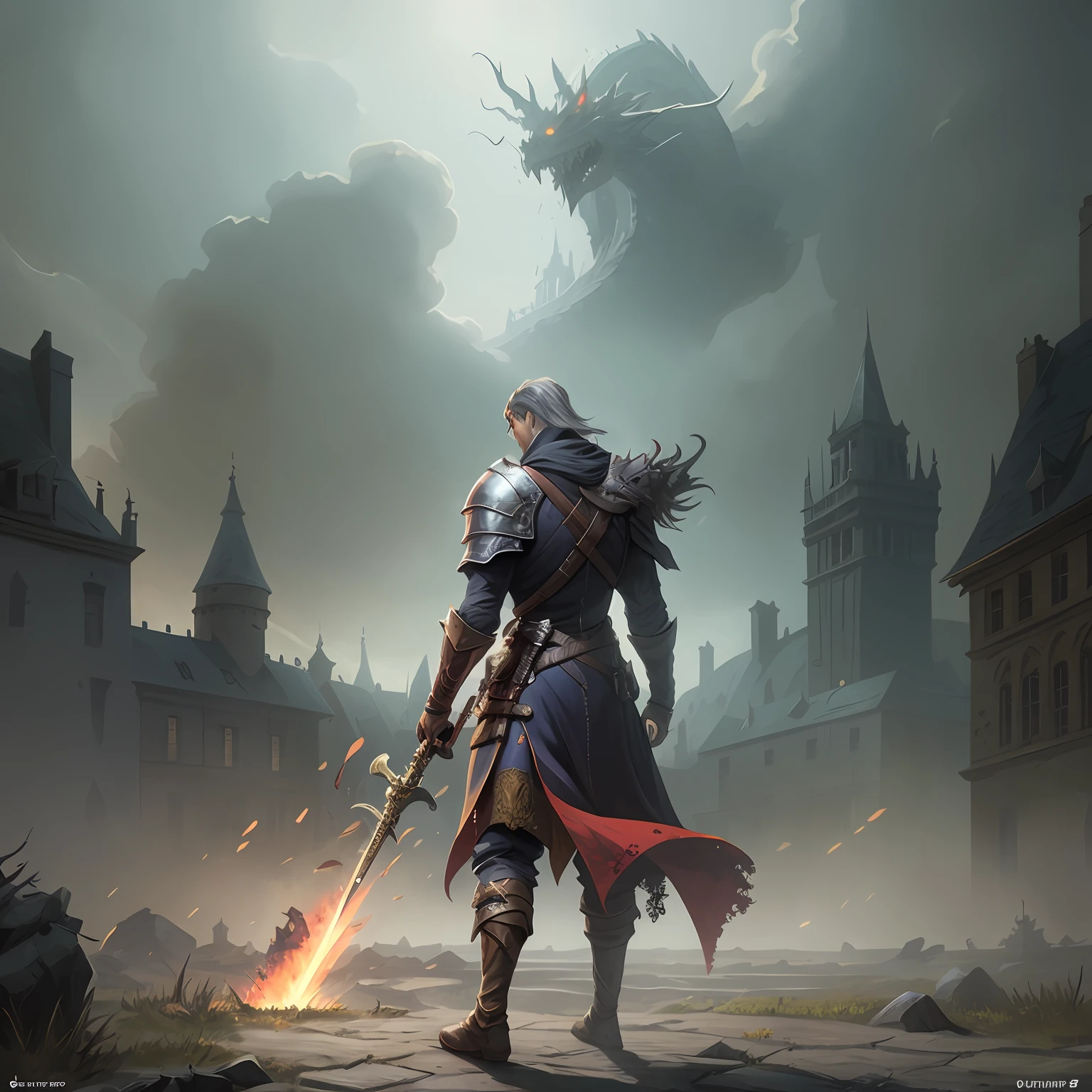 arafed image of a man with a sword and a dragon in a castle, silvain sarrailh, key art, game key art, medieval fantasy game art, fantasy game art, epic rpg artwork, guillem h. pongiluppi, d&d trending on artstation, epic fantasy game art, cover game art, fantasy card game art