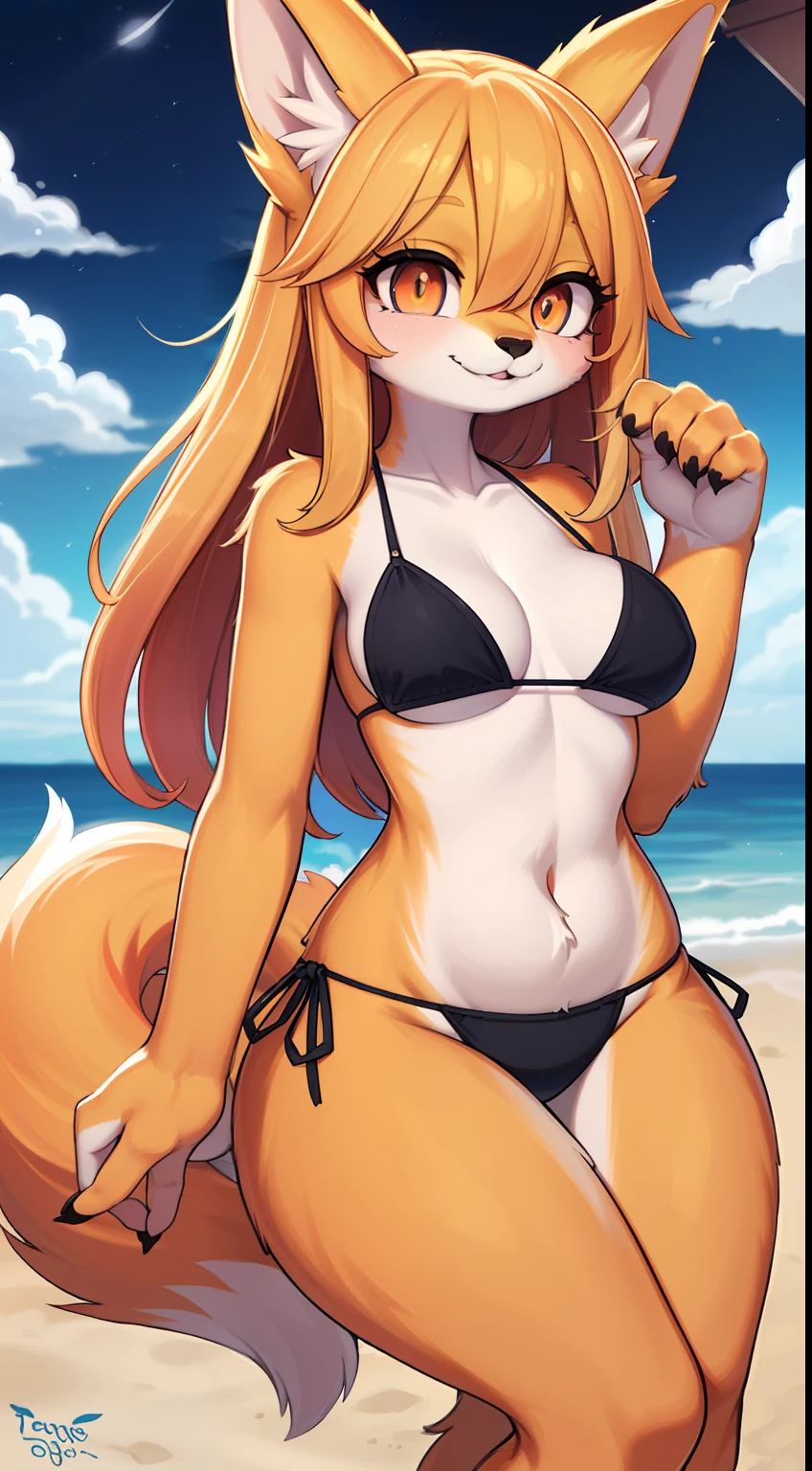 Fox Girl, ((((Furry))), furry, golden fur, long blonde hair, golden fur all over, golden fur on the hands, forelimb hands, golden fur on the back of the hands, palm fur, eyes with light, reddish-orange eyes, super cute face, brown elements on fur, ambient light, super fine fur, volumetric light, night, seaside, clouds in the sky, blue day, natural lighting, smile, fluffy tail, bright pupils, black bikini