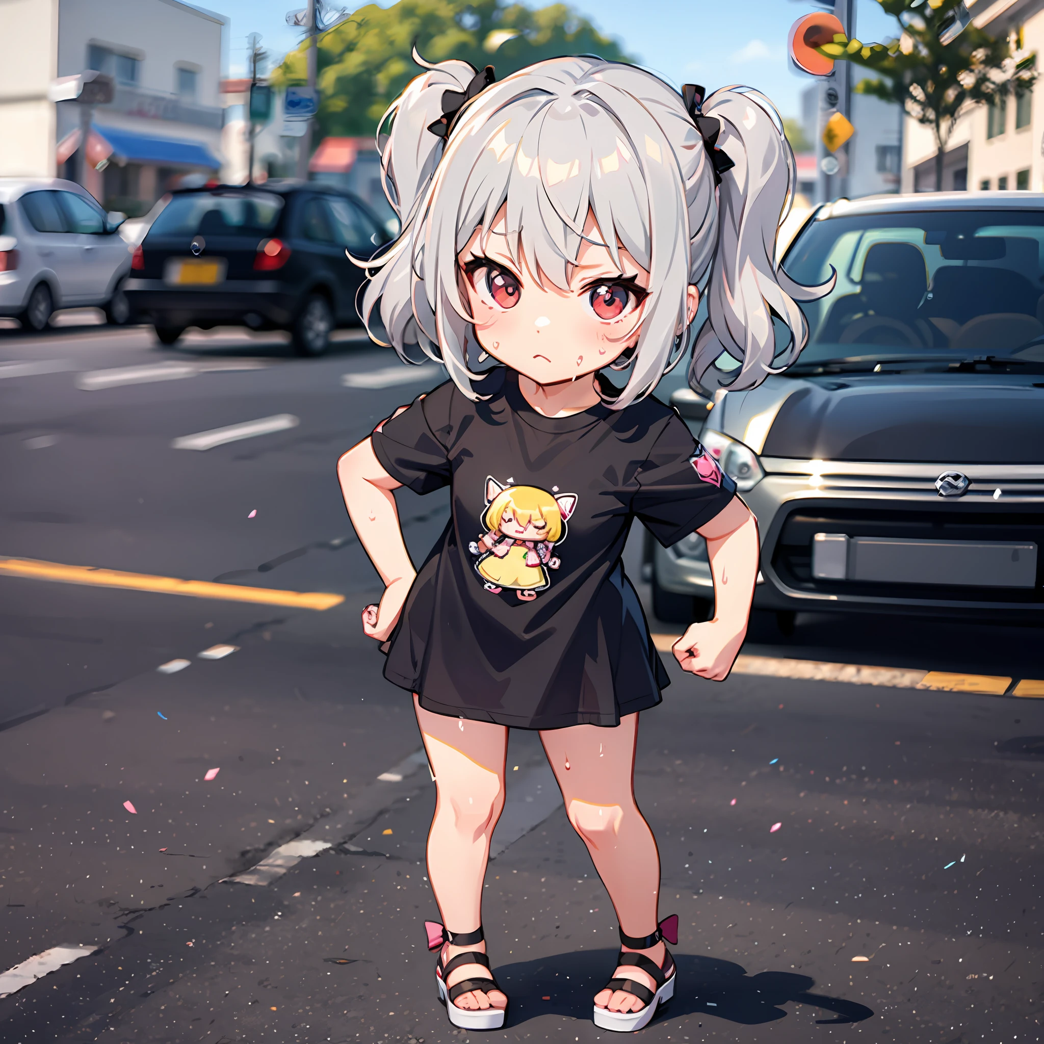 ((Chibi character)), sticker, intense heat, sunny weather, sweaty, sweaty, sweaty, extremely hot, midsummer, scorching sun, girl, lolita, princess pose, full body, deformed, chibi character, t-shirt design