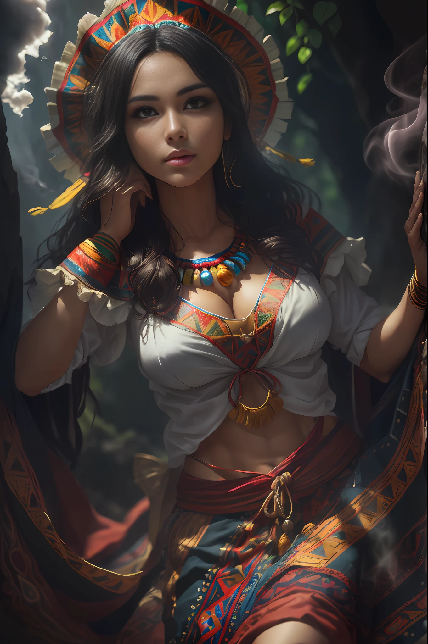 ((realistic: 1.5)),((best quality)), ((masterpiece)),((detailed)), (1girl: 1.3), solo, (((extremely detailed face))),(((brown eyes))), (((dark eyes))), (((perfect hands))), Inca skin, Inca face, beautiful detailed eyes, 8k unified wallpaper, super detailed, beautiful and aesthetic, beautiful, masterpiece, best quality, raw, masterpiece, super fine photo, best quality, super high resolution, photorealistic realism, sunlight, full body portrait, amazing beauty, dynamic pose, delicate face, vibrant eyes, (from the front), (1 Inca woman in Inca costume long skirt with colors red blue white and pink not green, {a beautiful Inca woman dressed in traditional Inca dress typical costume of the woman of Cuzco Peru, super wide angle lens, facial focus, mature, sexy, toned muscles, long legs, curves, barefoot, full Inca costume, thick thighs, wide hips, thin legs, dark eyes, perfect eyes, long black hair, floating hair, long eyelashes, (detailed face, beautiful eye, detailed pupils, detailed features of Inca clothing, light background: 1.3), mysterious ancient Inca ruin, lush forests, deep canyons, bridge, river, cliff, cloud, lakes, rock, waterfalls, flowers, grass, fog, vine, tree, smoke, best shadow, bright details, sharp, perfect composition, intricate, sharp focus, dramatic, (specular lighting: 1.3), edge light, inca landscape, fully clothed, editorial photography, ultra-realistic photography,