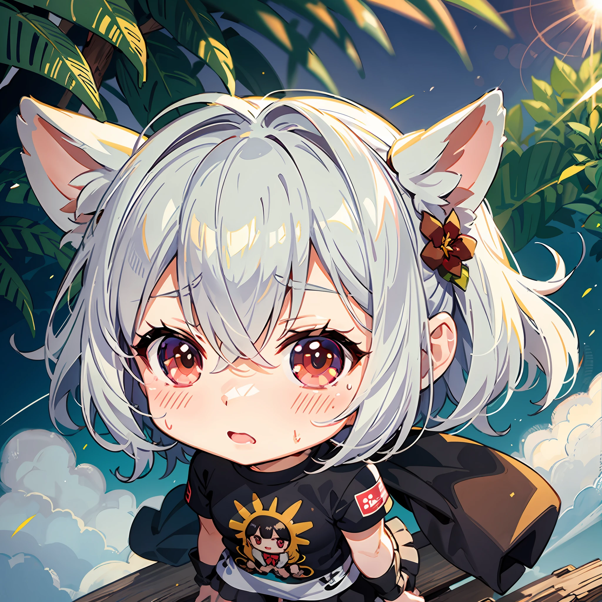 ((Chibi character)), sticker, intense heat, sunny weather, sweaty, sweaty, sweaty, extremely hot, midsummer, scorching sun, girl, lolita, princess pose, full body, deformed, chibi character, t-shirt design