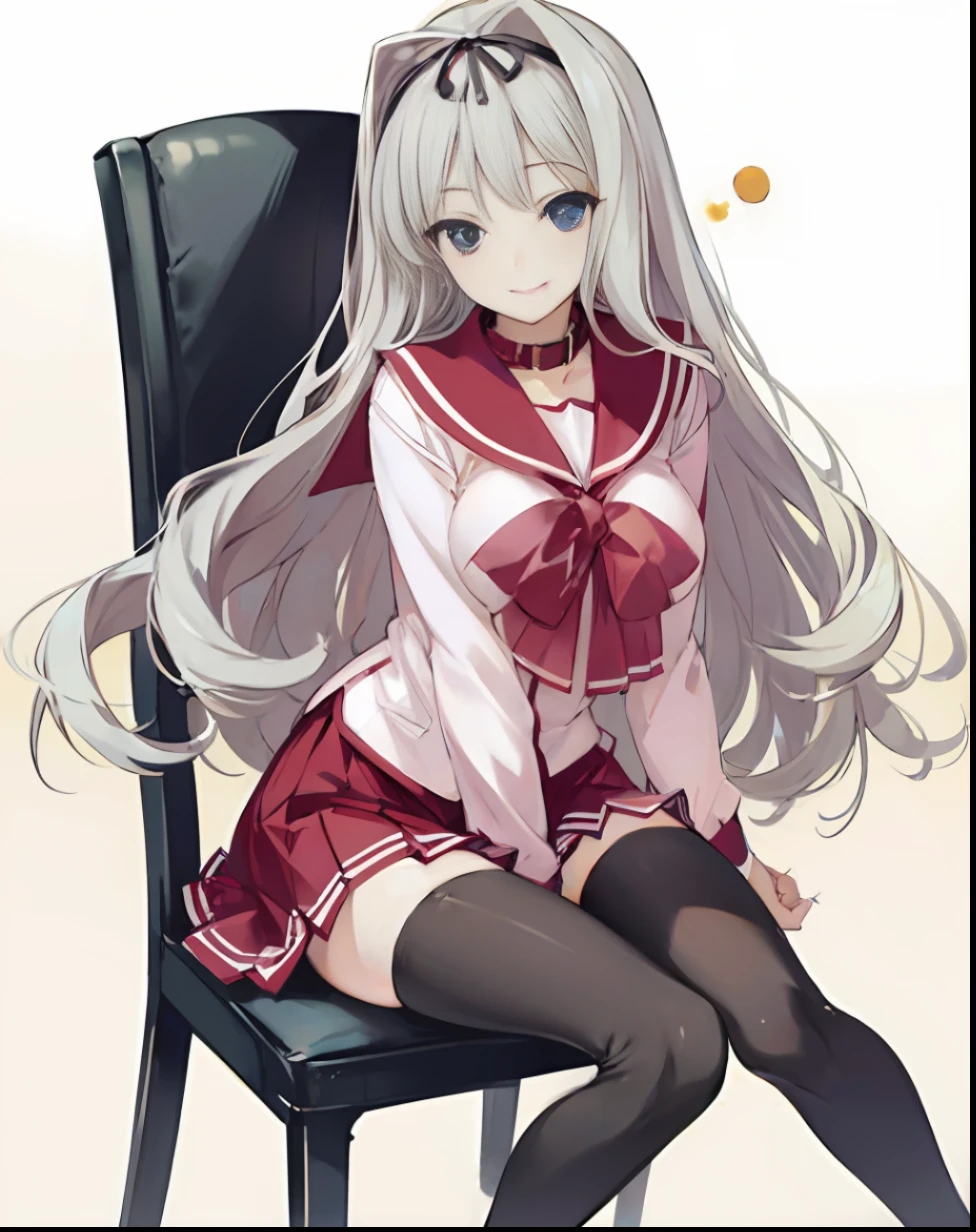 Black-thigh-highs, big, long shot, sitting on a chair, mature, laughing, arms on hips, sideways, long blonde wavy, high school girl dressed in pink sailor suit, delicate beauty face with red collar and red miniskirt, red ribbon. Anime-style illustrations.