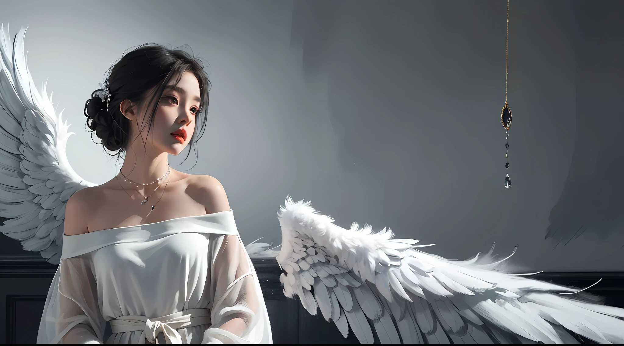 Immerse yourself in the highest quality and craftsmanship of this extraordinary masterpiece. The image depicts an ethereal angel with magnificent wings, exuding a captivating aura. Dressed in an off-shoulder garment, she stands in the darkness, embraced by deep shadows and illuminated by a cold and mysterious light. Her disheveled hair adds an element of allure to her appearance. Adorning her neck is a delicate necklace that complements her slender figure. The composition focuses on her enchanting upper body, capturing her innocent and vulnerable expression. The scene is imbued with a sense of hidden danger, conveyed through the subdued tones and a touch of terror in the atmosphere. Ink drips gracefully add an artistic touch to the image.