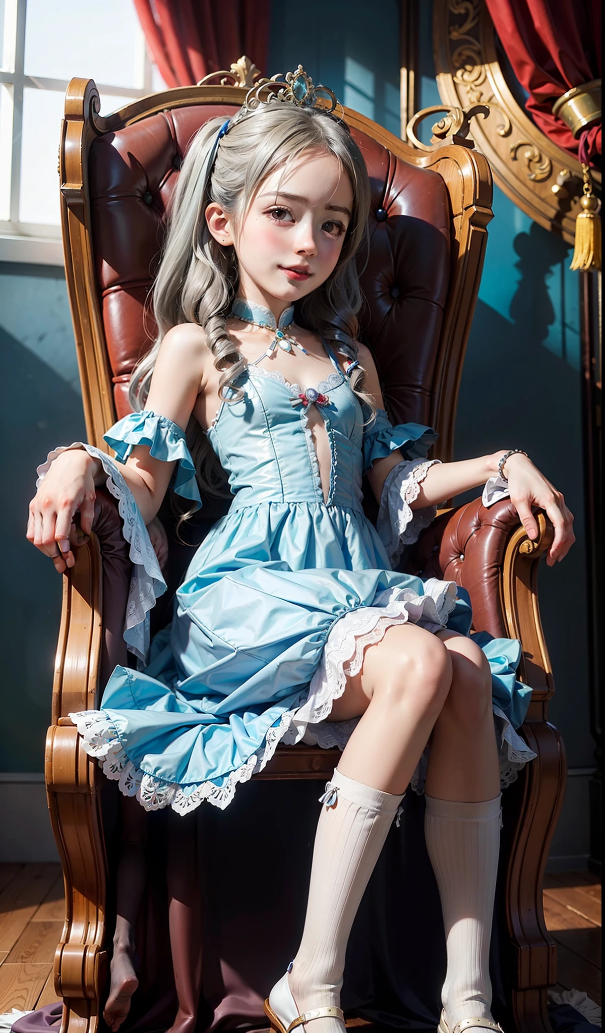 High resolution, extremely detailed, realism, palace, throne, loli, young girl, ((twin drills)), silver hair, curly hair, an innocent and cute eight-year-old girl, princess dress, white stockings, smile,