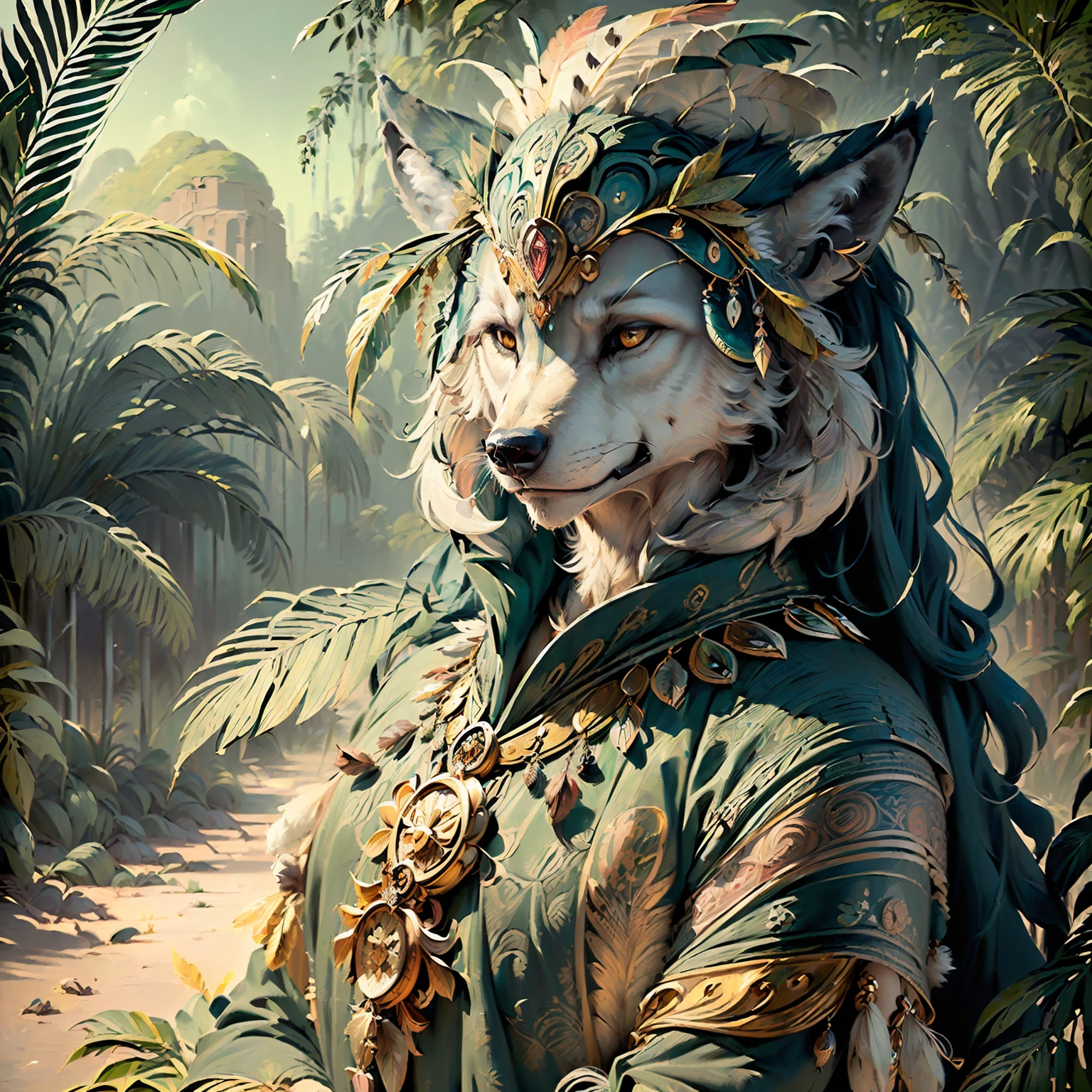 Wolf (((indigenous style)),,((meditative state),,((Wolf's body)), ((looking at the camera)) elegant, hair with details, with Indian headdress on head, many colorful feathers, colorful feathers,,facing the camera, detail: dense tropical foliage, highly detailed intricate, (((masterpiece)),((mythological animals)),, celestial universe, ultra hyperrealistic, masterpiece,, by TIm Hildebrandt,,((vintage)),, antique prints