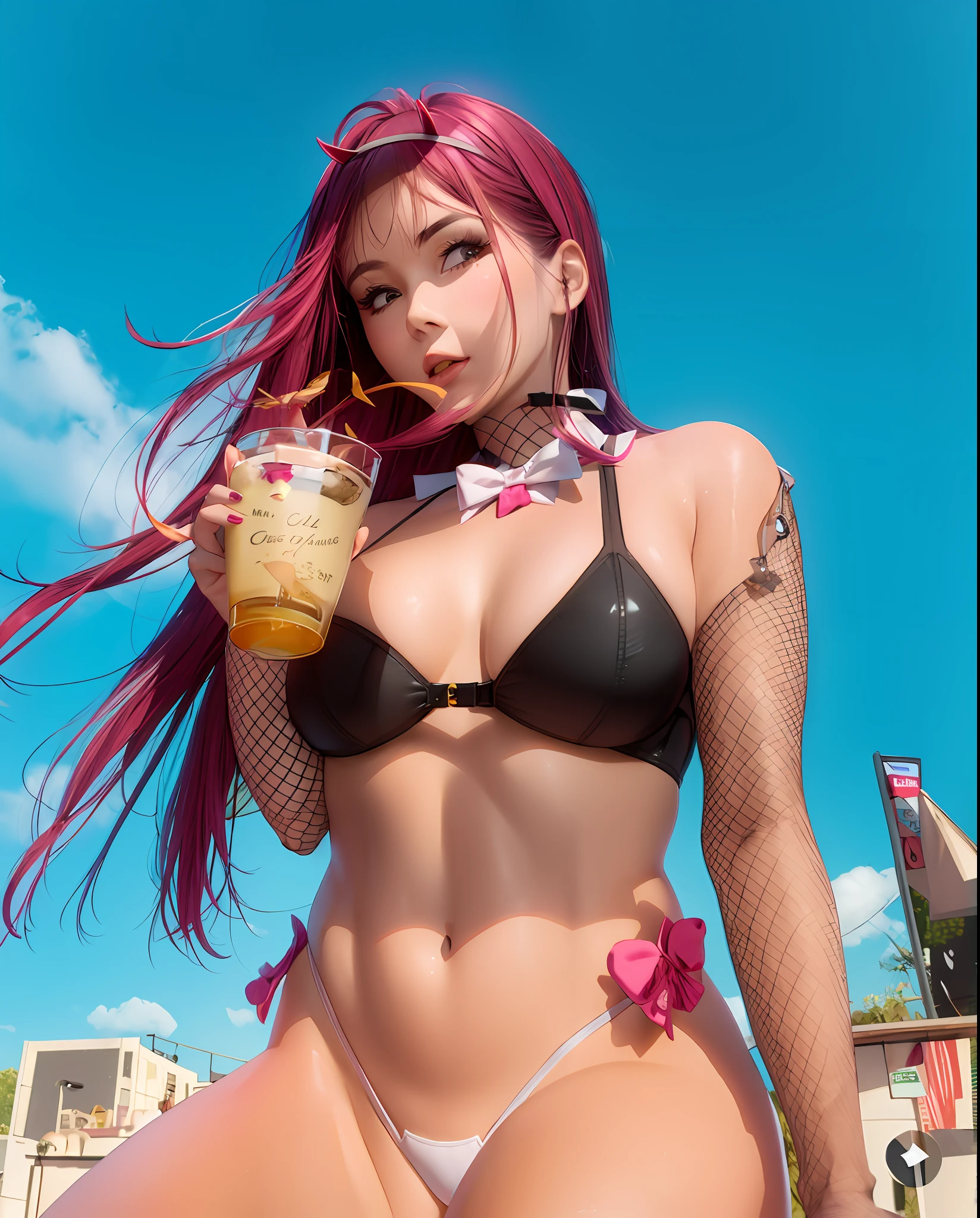 zero two \(darling in the franxx\), 1girl, animal ears, armband, ass visible through thighs, bangs, blush, bow, bowtie, breasts, covered navel, cowboy shot, detached collar, fake animal ears, fishnet pantyhose, fishnets, from below, groin, horns, leotard, long hair, looking at viewer, looking down, medium breasts, multicolored background, pantyhose, pink hair, playboy bunny, rabbit ears, red leotard, skin tight, solo, straight hair, thighs, smug, wrist cuffs