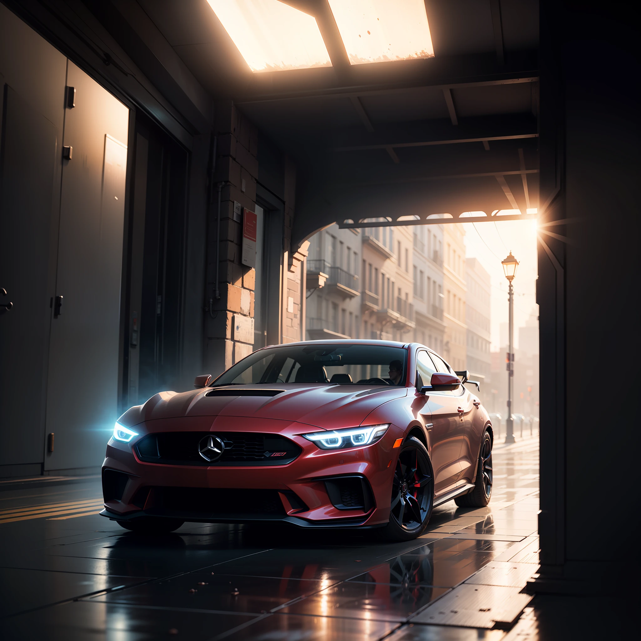 A car futuristic , with a dark red background and a blue roof. Exotic composition, cinematic, volumetric Light, photorealism, octane render, high detail, digital painting, artstation, concept art, crepuscular ray, moody lighting, atmospheric, muted, cinematic --auto