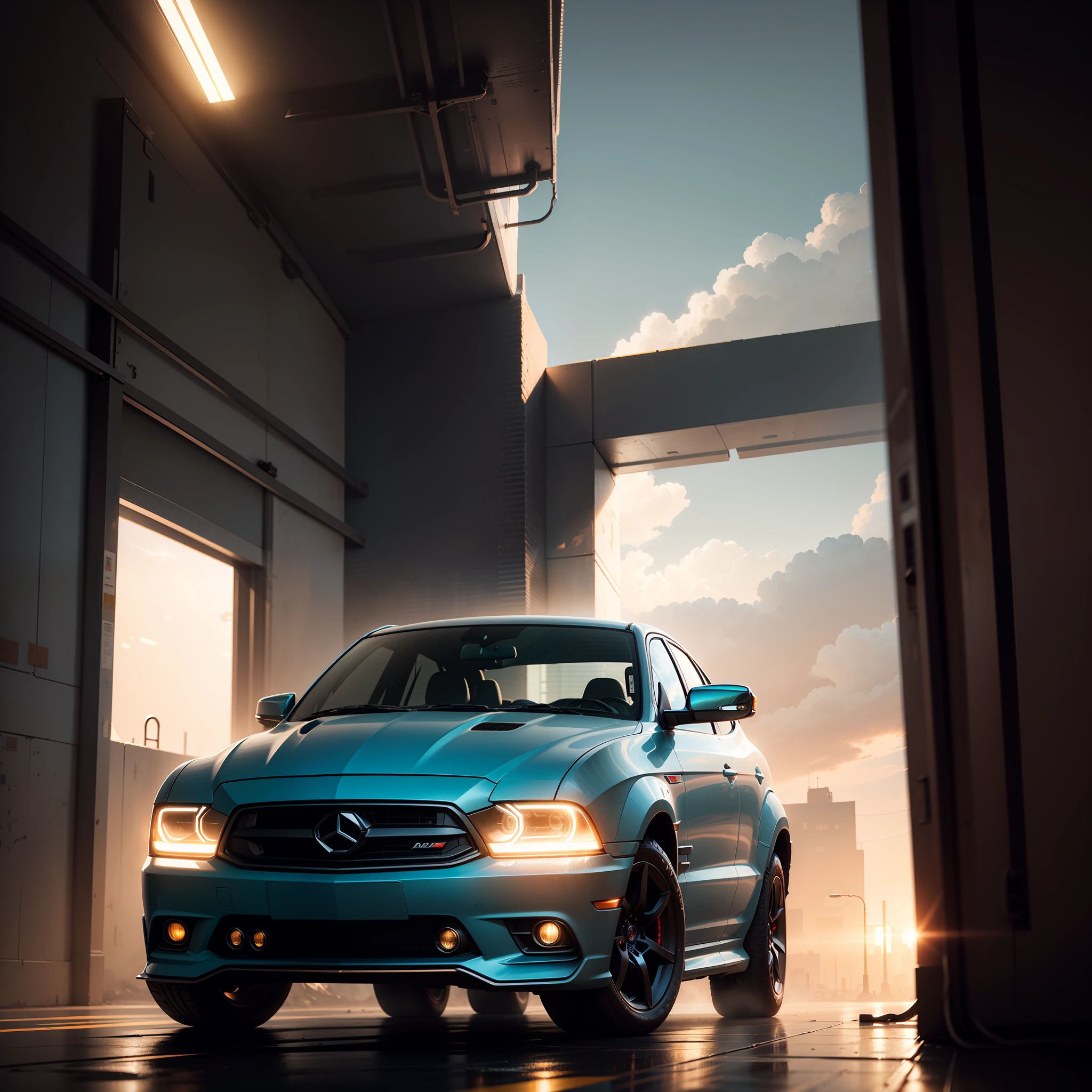 A car futuristic , with a dark red background and a blue roof. Exotic composition, cinematic, volumetric Light, photorealism, octane render, high detail, digital painting, artstation, concept art, crepuscular ray, moody lighting, atmospheric, muted, cinematic --auto