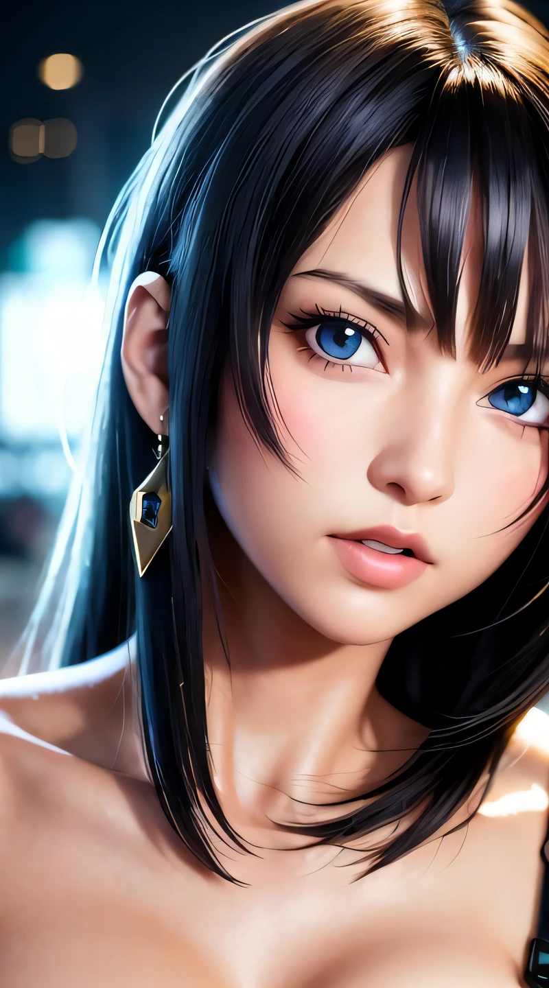 (best quality:1.0), (ultra highres:1.0), 1 girl, detailed beautiful skin, (kind smile:1.0), solo, (masterpiece:1.0), (best quality:1.4), (ultra highres:1.2), (photorealistic:1.4), 8k resolution, Canon EOS R5, 50mm, absurdres, ultra detailed, sharp focus, cinematic lighting, detailed beautiful face, petite figure, detailed skin texture, pale skin, thigh gap, detailed hair, random hair style, perfect eyes, detailed eyes, (glistening skin1.15), ((portrait photo)), hair accessories, ear rings, futuristic, complex background, cyberpunk city street, night, cyborg, robotic parts, futuristic weapons and accessories, ray lighting, backlighting, closeup photo, blue tone background