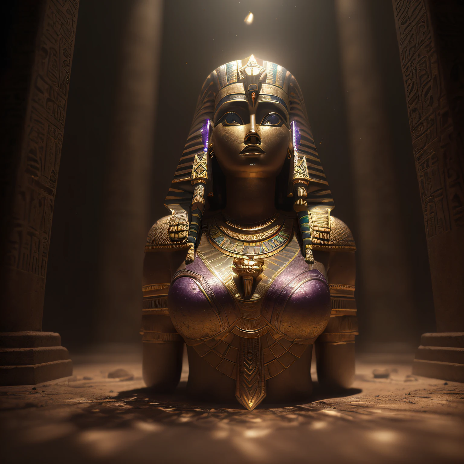 (((Goddess Isis, Egyptian goddess)), ((super high resolution, best quality, photo, 8k, (photorealistic: 1.2), cinematic lighting)), ((amethyst stone egg)), ((masterpiece, best quality, intricate details, sacred geometry environment in the background, pyramid, portal of the future, 3D light, HD, magic, goddess of light, nature, mother earth,, backlighting, DREAD, depth of field, soft lighting, mapped tone, highly detailed, concept art, smooth, sharp focus, dramatic lighting, highly detailed art, cinematic, 8K, amazing shadows (highly detailed background in: 1.2))) --auto