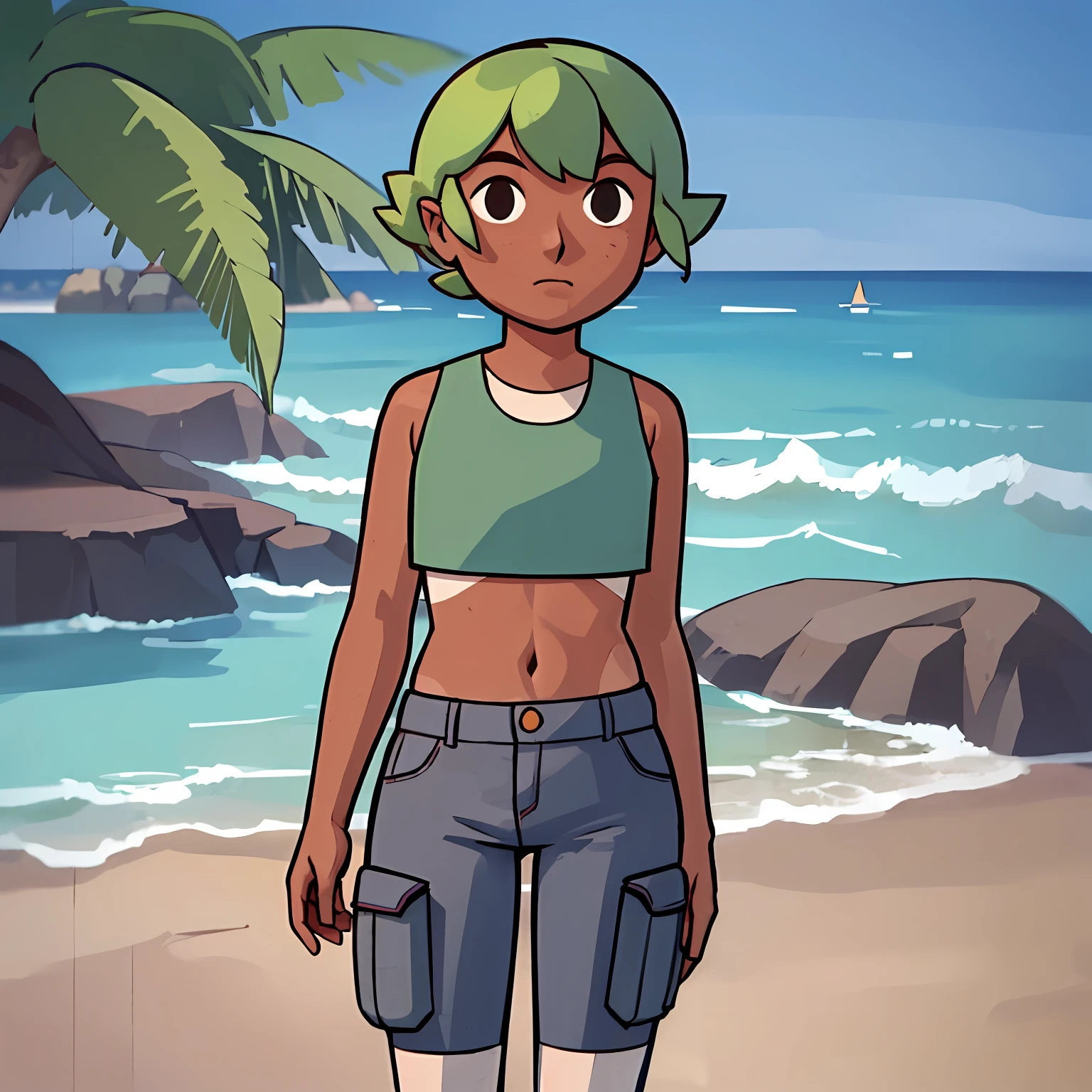 masterpiece, best quality, solo, 1girl, high resolution, full body, perfect body, perfect face, great detail, depth of field, casswiz, green hair, tan skin, white crop top, short hair, grey cargo pants, cute, midriff, standing, chibi, beach town background