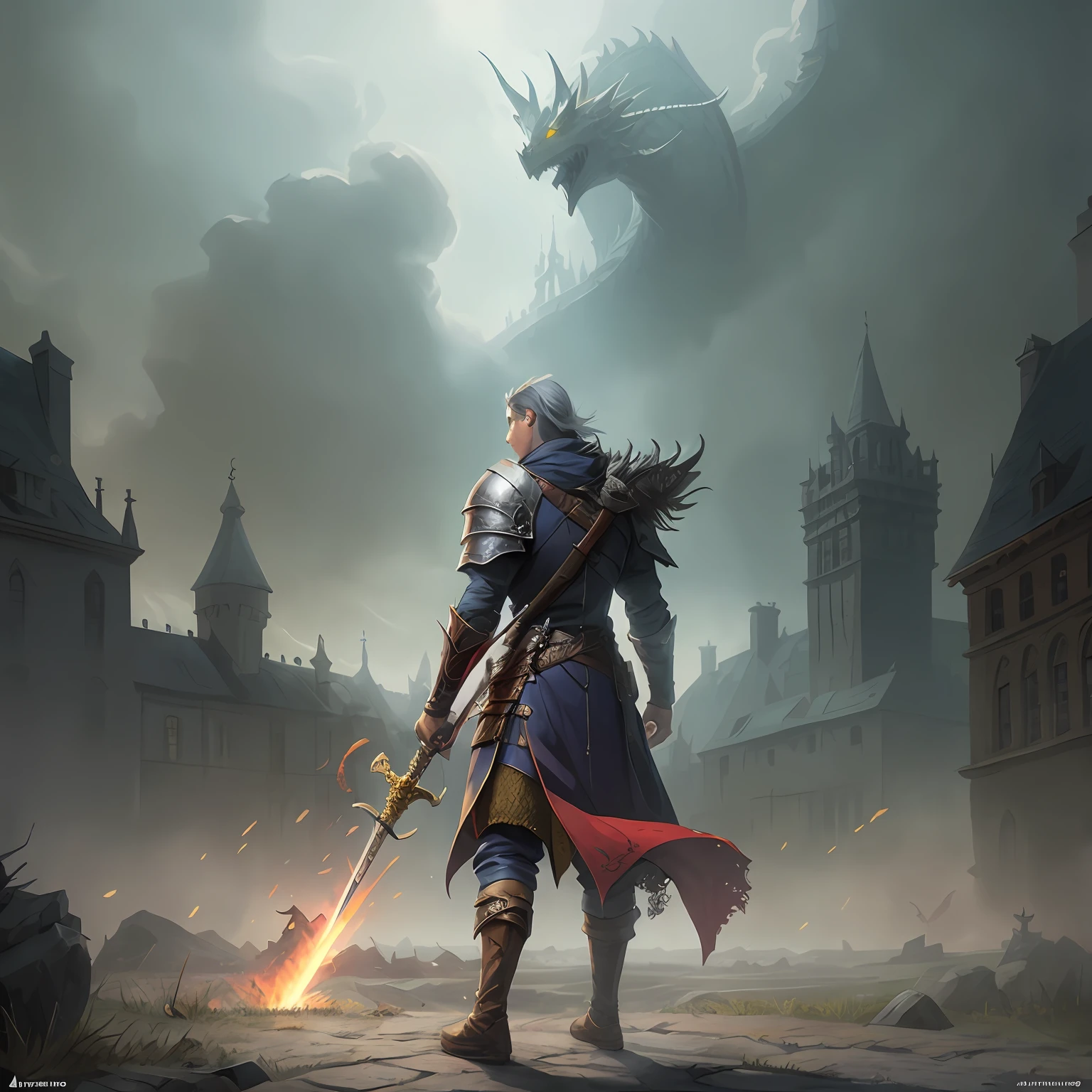 arafed image of a man with a sword and a dragon in a city, d&d trending on artstation, game key art, key art, medieval fantasy game art, silvain sarrailh, fantasy game art, epic rpg artwork, epic fantasy game art, fantasy card game art, wallpaper d&d art, d & d fantasy digital art