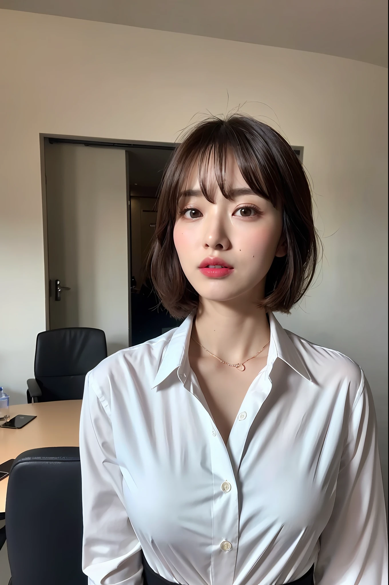 1girl,Ultra detailed skin,Ultra fine,View,Brown eyes,Saggy eyes,High detail,(Shoulder-length short hair with bangs:1.2),(Photorealistic:1.4),(Best Quality:2.0),(Ultra High Definition:1.0),16K, (Masterpiece:1.5),(pureerosface_v1:1.5),Big eyes,Middle chest,Breast exposed,Dynamic lighting,The skin is wet and shiny, bright pink glowing lipstick, (sexual arousal: 1.2),(white slack pants),(white buttoned shirt,oversized shirt,naked_shirt),conference room,office lady,26 years old,mature adult body