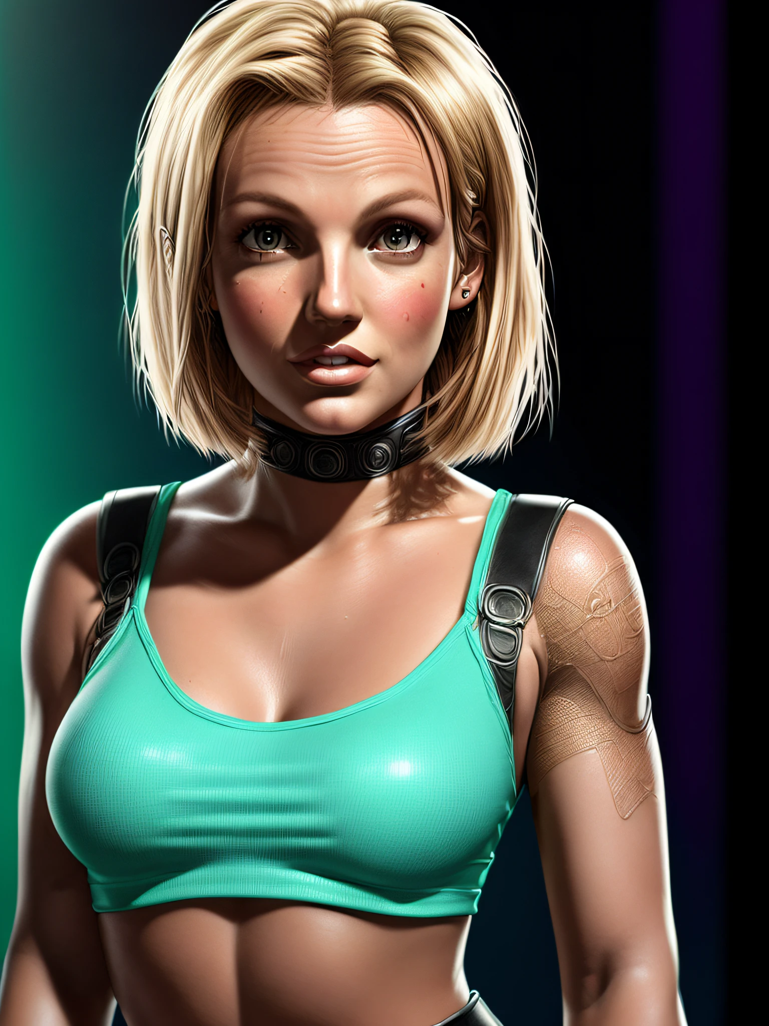 (portrait lone (Britney Spears) as (Bulma from DragonBall)1.4, (cleavage (large breasts), stylish bob haircut, crop-top, (micro-skirt), pantyhose)1.2 (dressed as Android18), training to fight, front view, (high detailed skin:1.2)(realistic pupils,realistic iris:1), 8k uhd, aqua_hair)1.1, (vhs effect, (poster:1.6), poster on wall, nostalgia, portrait movie poster, (close up:0.5) (skin texture), intricately detailed, fine details, hyperdetailed, raytracing, subsurface scattering, diffused soft lighting, shallow depth of field, by (Oliver Wetter)),  (Portrait face focus)1.5 (face focus) by Professional Photographer