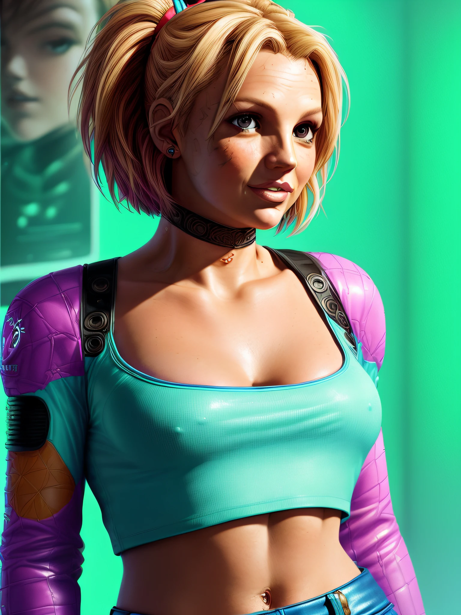 (portrait lone (Britney Spears) as (Bulma from DragonBall)1.4, (cleavage (large breasts), stylish bob haircut, crop-top, (micro-skirt), pantyhose)1.2 (dressed as Android18), training to fight, front view, (high detailed skin:1.2)(realistic pupils,realistic iris:1), 8k uhd, aqua_hair)1.1, (vhs effect, (poster:1.6), poster on wall, nostalgia, portrait movie poster, (close up:0.5) (skin texture), intricately detailed, fine details, hyperdetailed, raytracing, subsurface scattering, diffused soft lighting, shallow depth of field, by (Oliver Wetter)), (Portrait face focus)1.5 (face focus) by Professional Photographer