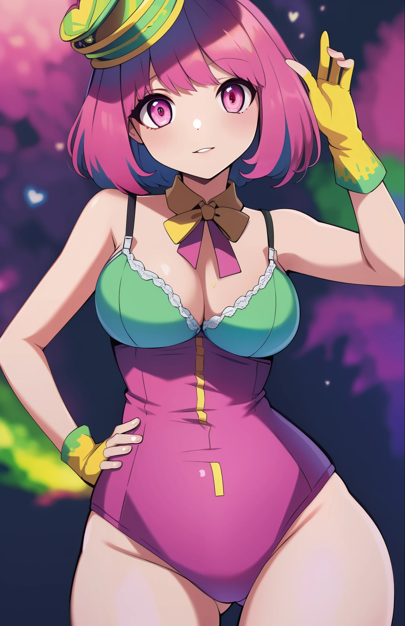 ((masterpiece)), (best quality:1.7), (detailed:1.4), (high res:1.4), 8k, (colorful:1.5), 2d, high resolution, sharped image, 4k, hd, poppi(kamen rider), 1girl, (((solo))), pink hair, pink eyes, dress, thighs, medium breasts, hair ornament, hands on own hips, bare thighs, bare arms, hat, heart, bra, panties