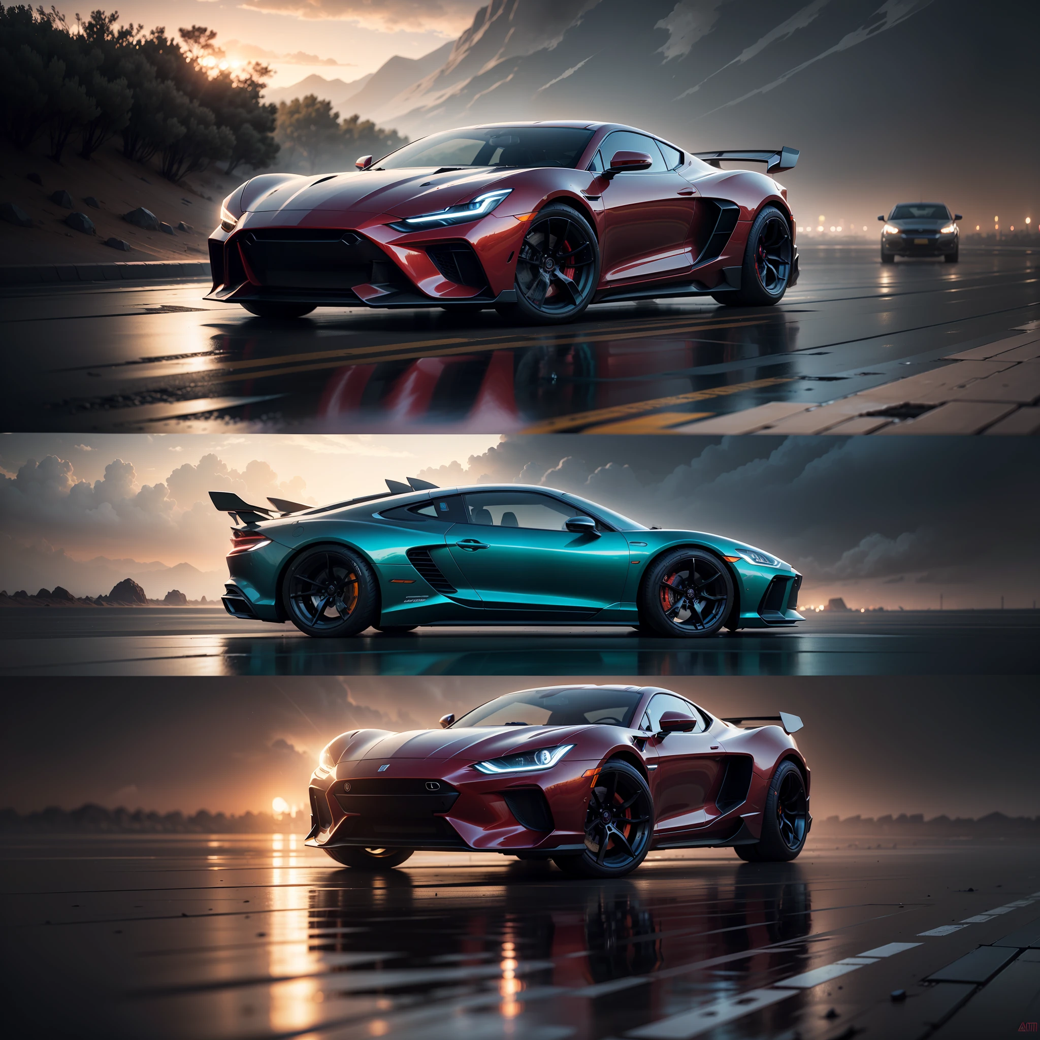 A car futuristic , with a dark red background and a blue roof. Exotic composition, cinematic, volumetric Light, photorealism, octane render, high detail, digital painting, artstation, concept art, crepuscular ray, moody lighting, atmospheric, muted, cinematic --auto