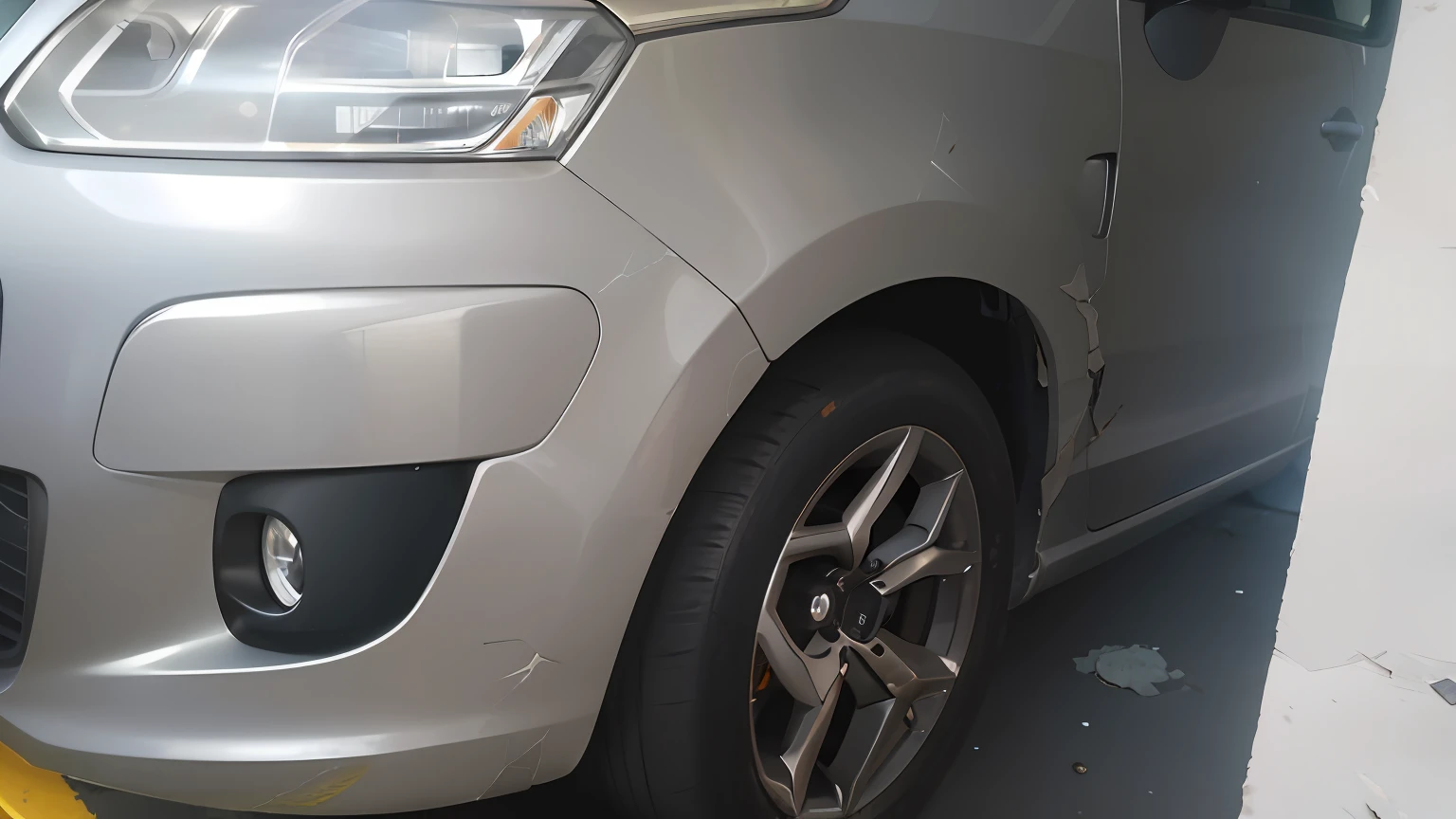 a closeup of a car parked in a parking place, full view of a car, photo of poor condition, front side, metal skin with many scratches, full front side, front profile, left profile, side-view, side view, side view, micro detailing, many cracked and very faded in places