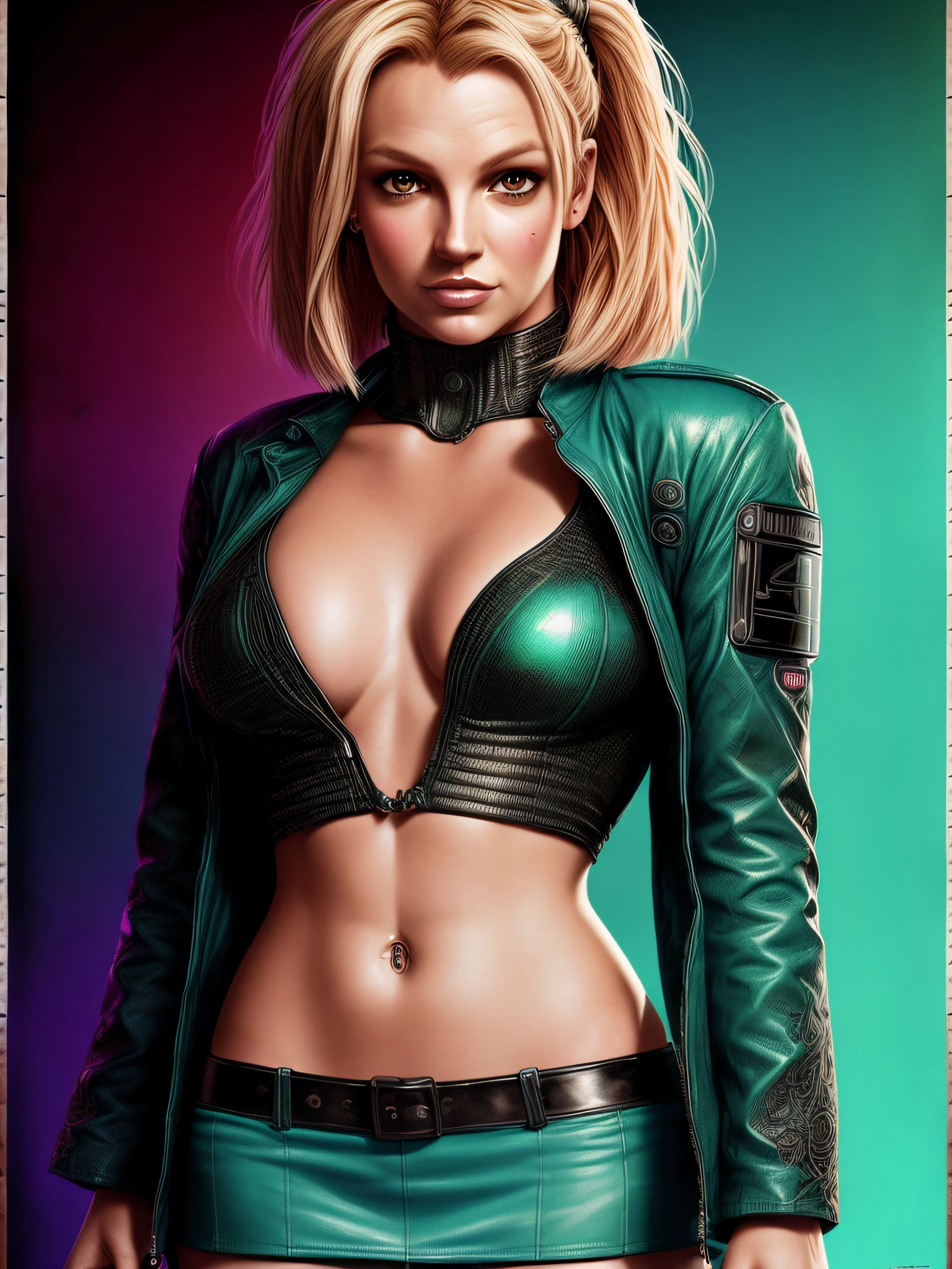 (Full portrait lone (Britney Spears) as (Bulma from DragonBall)1.4, (cleavage (large breasts), stylish bob haircut, crop-top, (micro-skirt), pantyhose)1.2 (dressed as Android18), training to fight, front view, (high detailed skin:1.2)(realistic pupils,realistic iris:1), 8k uhd, aqua_hair)1.1, (vhs effect, (poster:1.6), poster on wall, nostalgia, movie poster, (skin texture), intricately detailed, fine details, hyperdetailed, raytracing, subsurface scattering, diffused soft lighting, shallow depth of field, by (Oliver Wetter)),  (Portrait full face focus)1.5