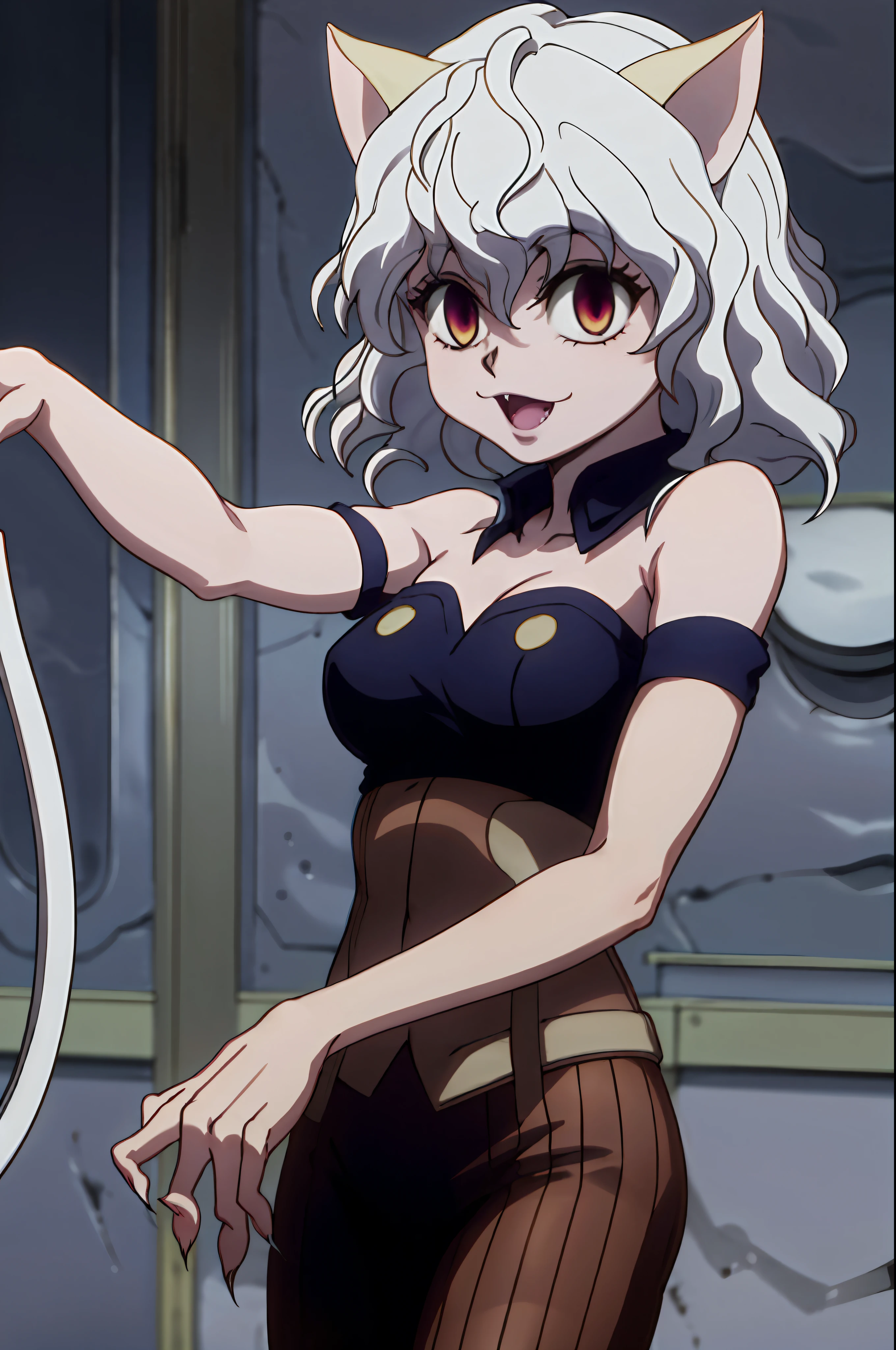 masterpiece, best quality, high detailed, high resolution, neferpitou, solo,  cat ears, big smile, looking at the viewer, teasing, medium breasts, standing , sharp claws