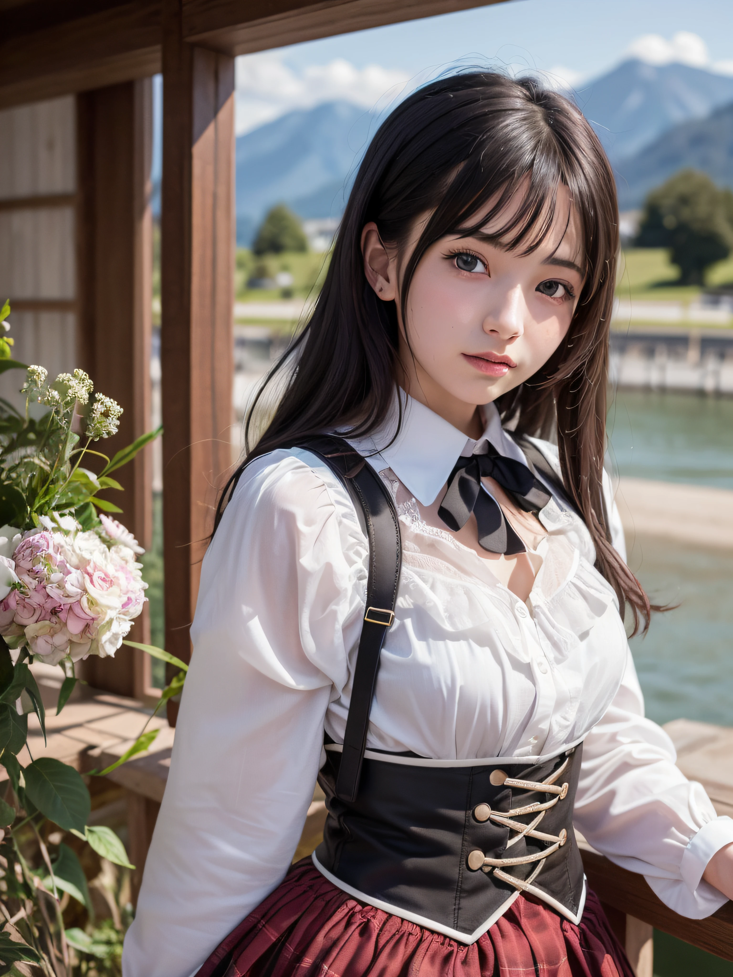 (realistic, photo-realistic:1.37), incredibly absurdres, (insanely detailed:1.3), 8k, (masterpiece), (best quality:1.4), (ultra high res:1.2), (RAW photo:1.2), ultra detailed background, (unity 8k wallpaper), 1 nogizaka girl, utterly cute, (((bishojo:1.4))), (((15yo:1.3))), (chiemsee tracht), an exquisitely detailed and beautiful face and eyes and skin, detailed black shine hair, small-medium breasts, a chiemsee tracht with delicate and beautiful soft fabric, smile at the camera, cowboy shot, the view from lake geneva, professional lighting