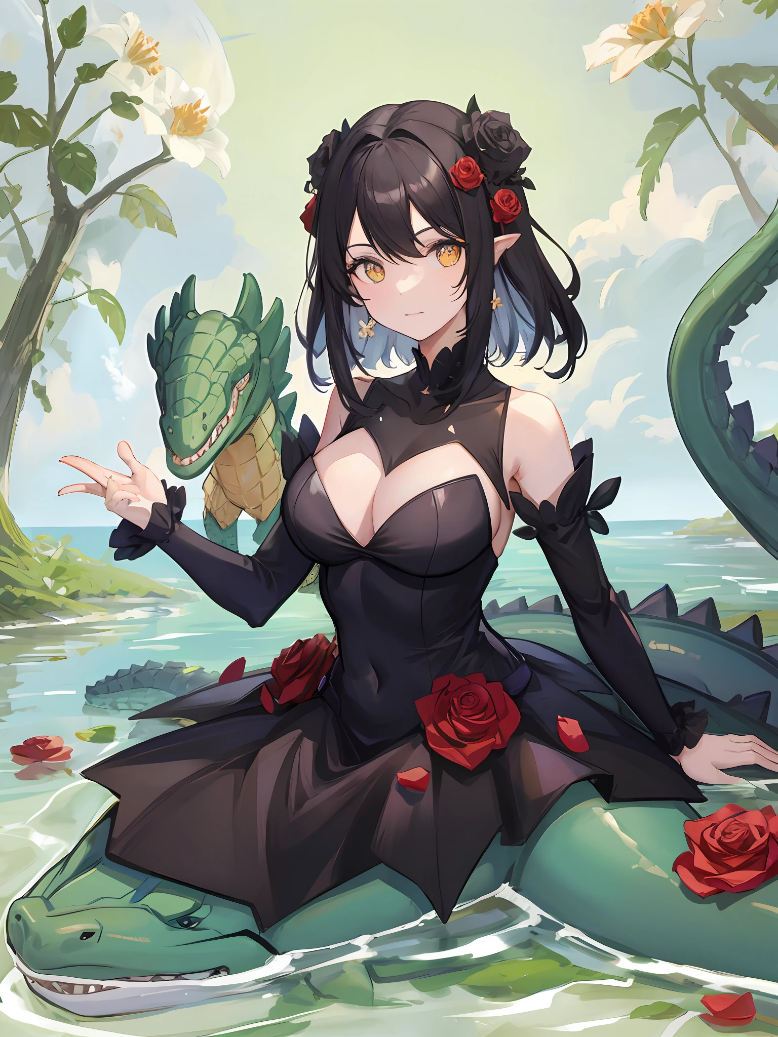 Field of roses made of winged crocodiles