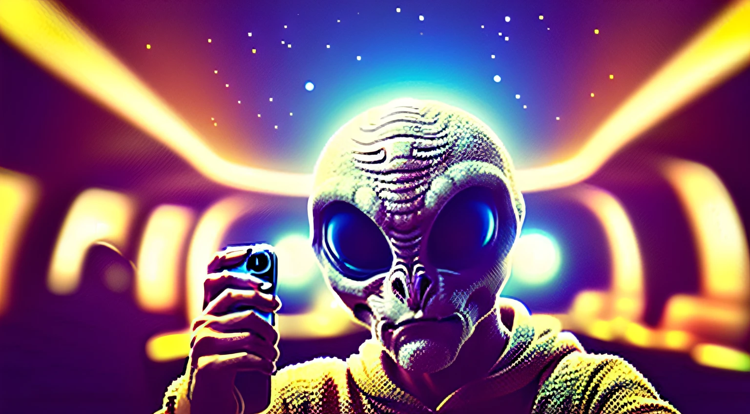 Raw photo of Modern ET, detailed beard, Alien in the center of the image taking a selfie in a sci-fi spaceship lounge, colorful, candid photo, Realme X50 Pro, slow shutter speed, iPhone photography, realism, digital, instagood, youtube, highly processed, megapixel