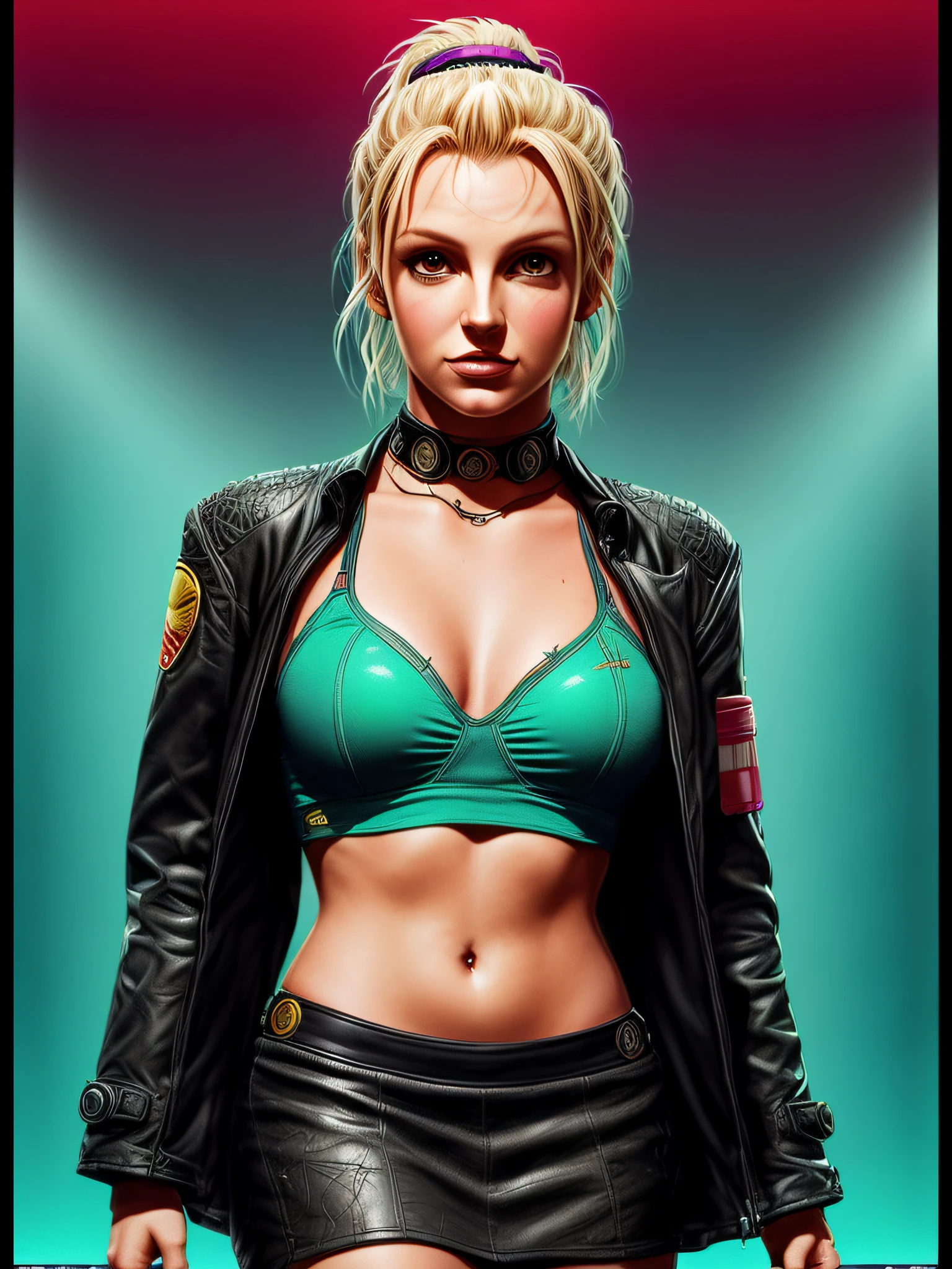 (Full portrait lone (Britney Spears) as (Bulma:1.4 from DragonBall), (cleavage (large breasts), stylish bob haircut, crop-top, (micro-skirt), pantyhose)1.2 (dressed as Android18), training to fight, front view, (high detailed skin:1.2)(realistic pupils,realistic iris:1), 8k uhd, aqua_hair)1.1, (vhs effect, (poster:1.6), poster on wall, nostalgia, movie poster, (skin texture), intricately detailed, fine details, hyperdetailed, raytracing, subsurface scattering, diffused soft lighting, shallow depth of field, by (Oliver Wetter)),  (Portrait full face focus)1.5