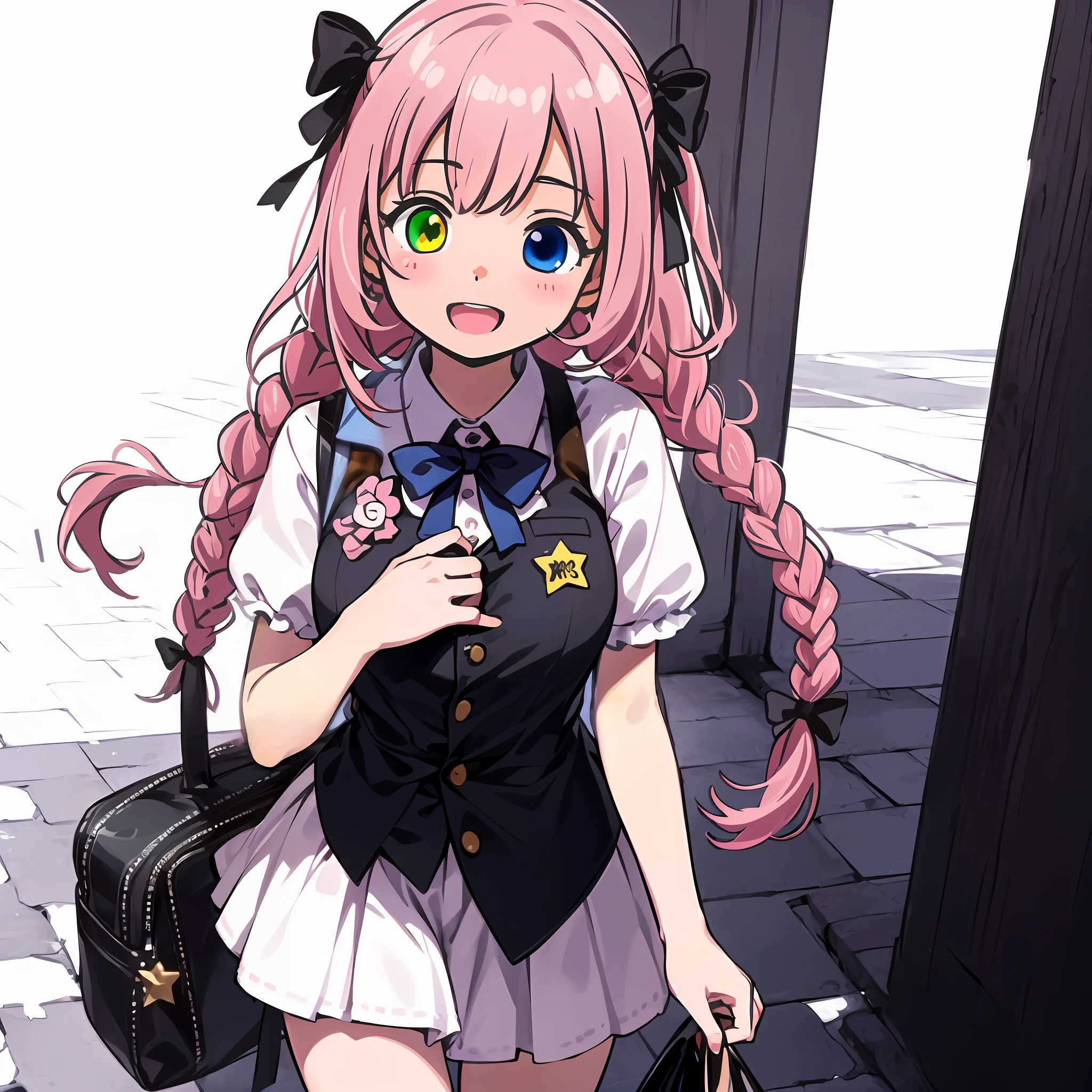 Highly detailed CG Unity 8k wallpaper), (Best Quality), (Super Detail), (Best Illustration), (Best Shadow), POV, Realistic lighting and shading, Natural light, Lens flare effect, ,break 1 beautiful girl, Solo,(cute:1.5),(Chibi:0.8), (kawaii:1.5),(loli:0.5),break ,{heterochromia,pale blue eyes,pale green eyes:1.5}, star eye silhouette, standing figure, happy, :d, break,((pale pink hair, twin braids, semi-long hair, bow: 1.5)), thin hair, break,large breast,break,short_sleeves,bag,vest,dress,