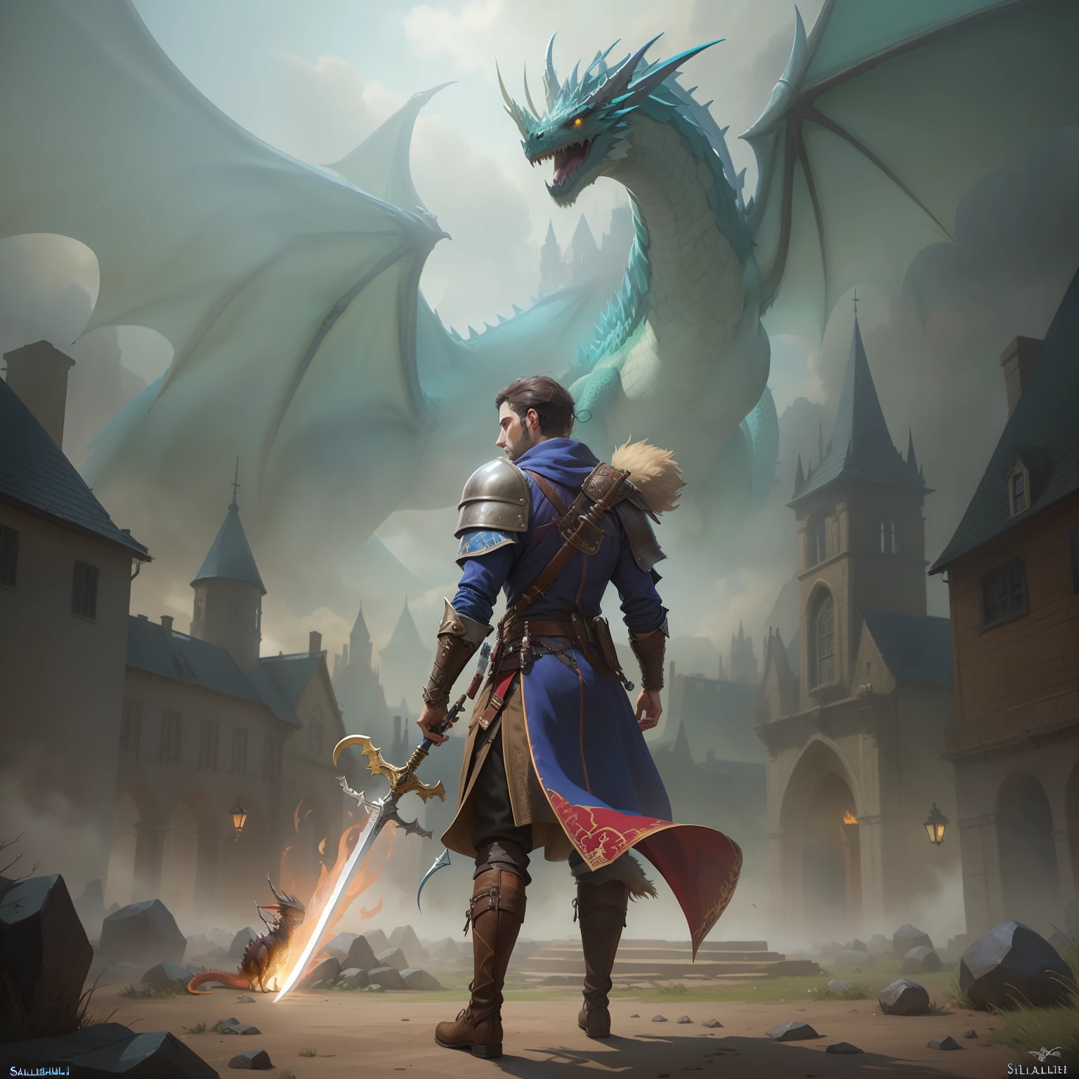 arafed image of a man with a sword and a dragon in the background, d&d trending on artstation, silvain sarrailh, medieval fantasy game art, epic rpg artwork, epic fantasy game art, fantasy game art, key art, game key art, fantasy card game art, d & d fantasy digital art, epic fantasy card game art