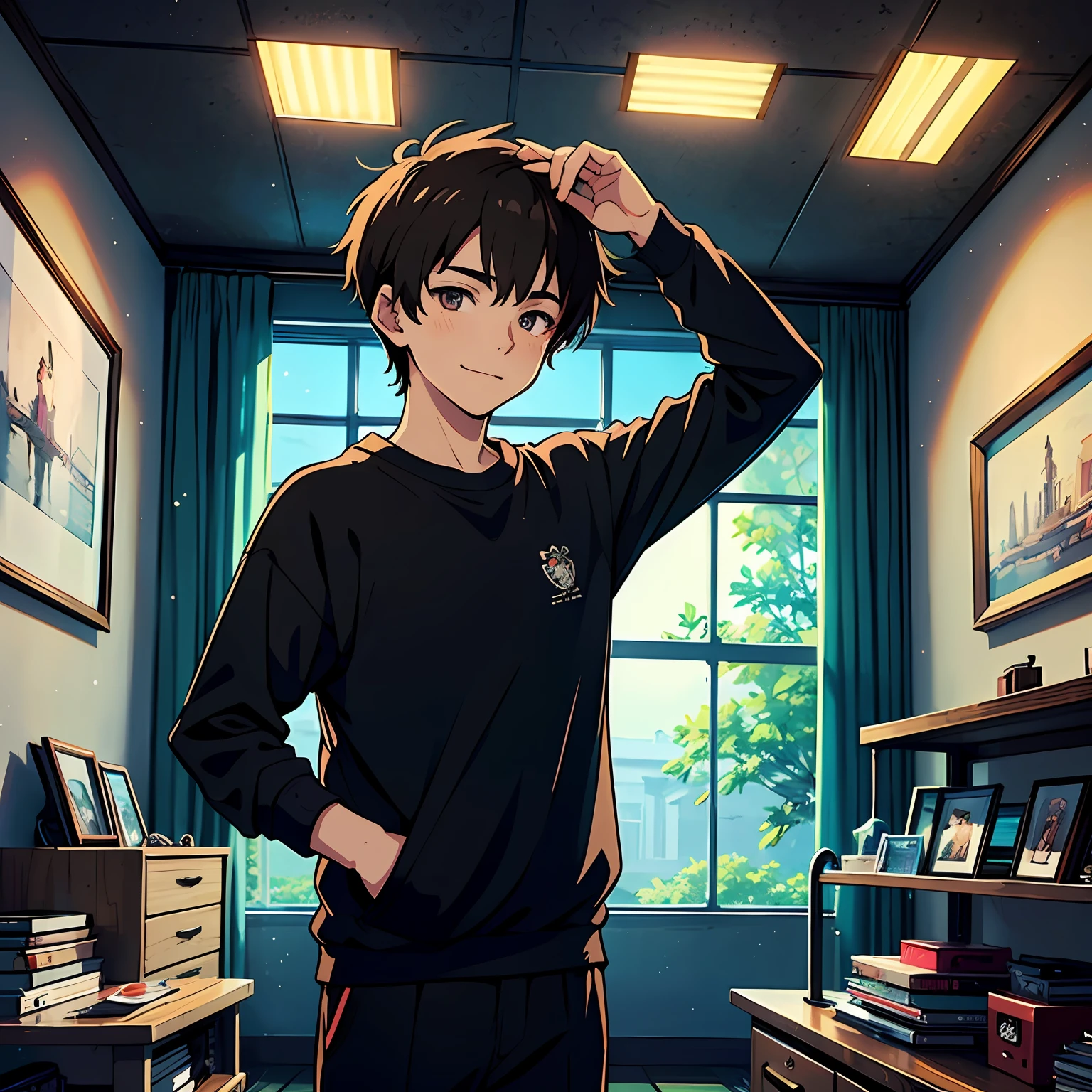 Japanese anime style, Studio Ghibli style, gloomy weather, a room with dark lighting, led stars on the wall bright blurry, 18 year old man, front view, friendly face, barely noticeable closed smile, brunette skin, black sweatshirt, social hair, best detail, 2d, masterpiece, best quality, cartoon rendering, --auto