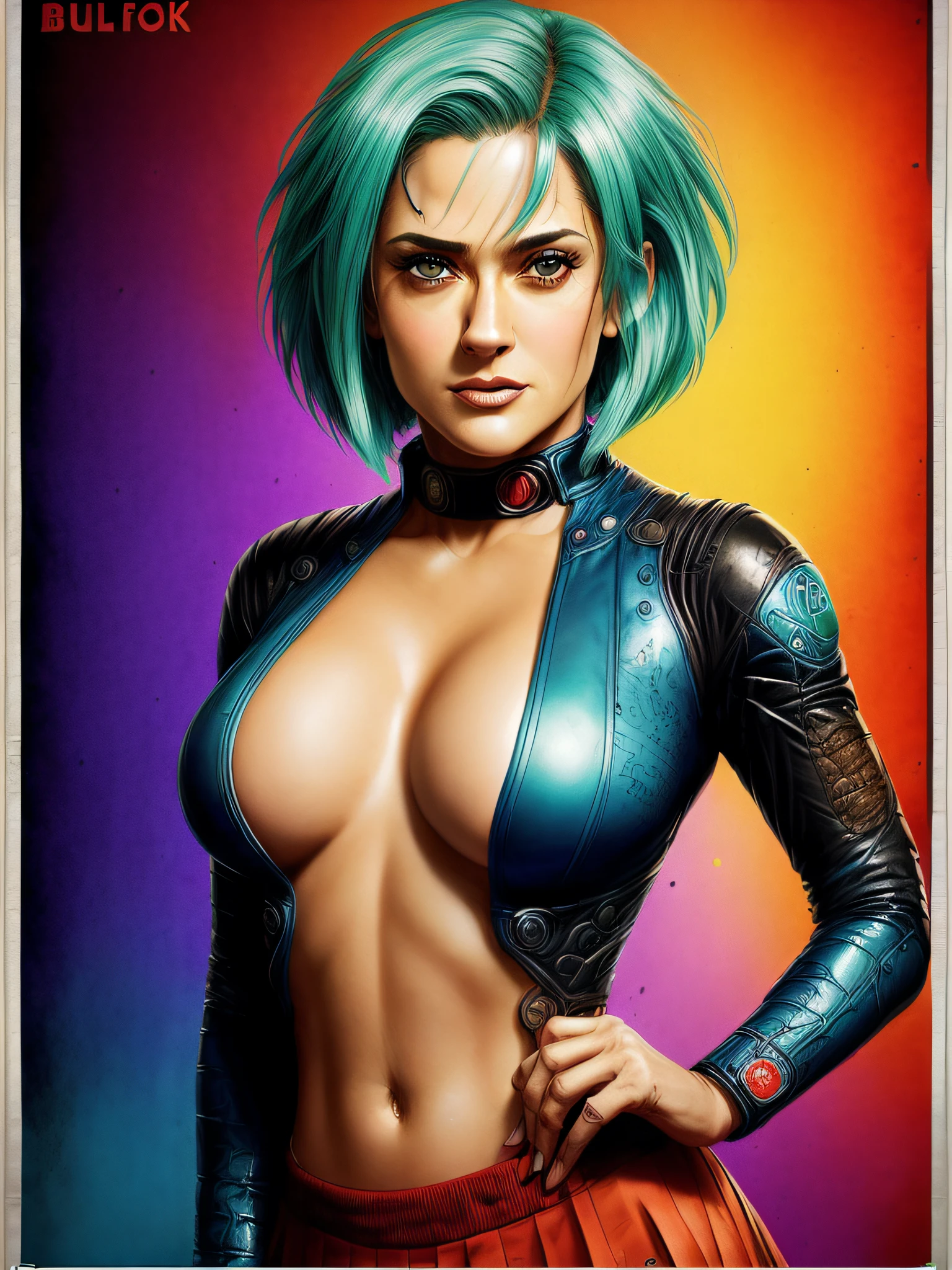 (Full portrait lone (Salma Hayek) as (Bulma:1.4 from DragonBall), (cleavage (large breasts), stylish bob haircut, crop-top, (micro-skirt), pantyhose)1.2 (dressed as Android18), training to fight, front view, (high detailed skin:1.2)(realistic pupils,realistic iris:1), 8k uhd, aqua_hair)1.1, (vhs effect, (poster:1.6), poster on wall, nostalgia, movie poster, (skin texture), intricately detailed, fine details, hyperdetailed, raytracing, subsurface scattering, diffused soft lighting, shallow depth of field, by (Oliver Wetter)), (Portrait full face focus)1.5