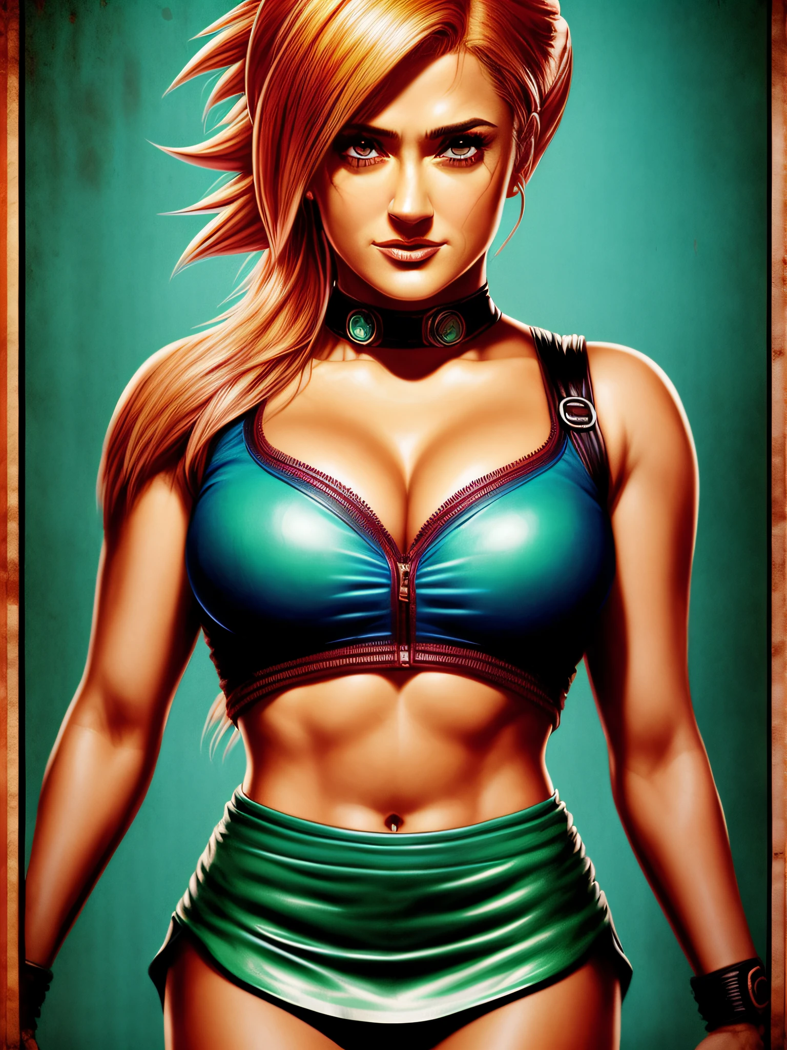 (Full portrait lone (Salma Hayek) as (Bulma:1.4 from DragonBall), (cleavage (large breasts), stylish bob haircut, crop-top, (micro-skirt), pantyhose)1.2 (dressed as Android18), training to fight, front view, (high detailed skin:1.2)(realistic pupils,realistic iris:1), 8k uhd, aqua_hair)1.1, (vhs effect, (poster:1.6), poster on wall, nostalgia, movie poster, (skin texture), intricately detailed, fine details, hyperdetailed, raytracing, subsurface scattering, diffused soft lighting, shallow depth of field, by (Oliver Wetter)), (Portrait full face focus)1.5