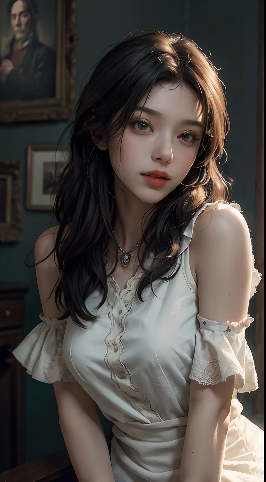 (RAW Photo, Best Quality), (Realistic, Photo Realistic: 1.3), Best Quality, Highly Detailed, Masterpiece, Ultra Detailed, Illustration, 1 Girl, upper_body, Dynamic Angle, World Mastery Theater, messy_long_hair, Best Quality, Extremely Detailed CG Uniform 8k Wallpaper, Ink, Amazing, Cinematic Lighting, lens_flare, dunhuang_style, Tea Break French Princess Puffy Dress